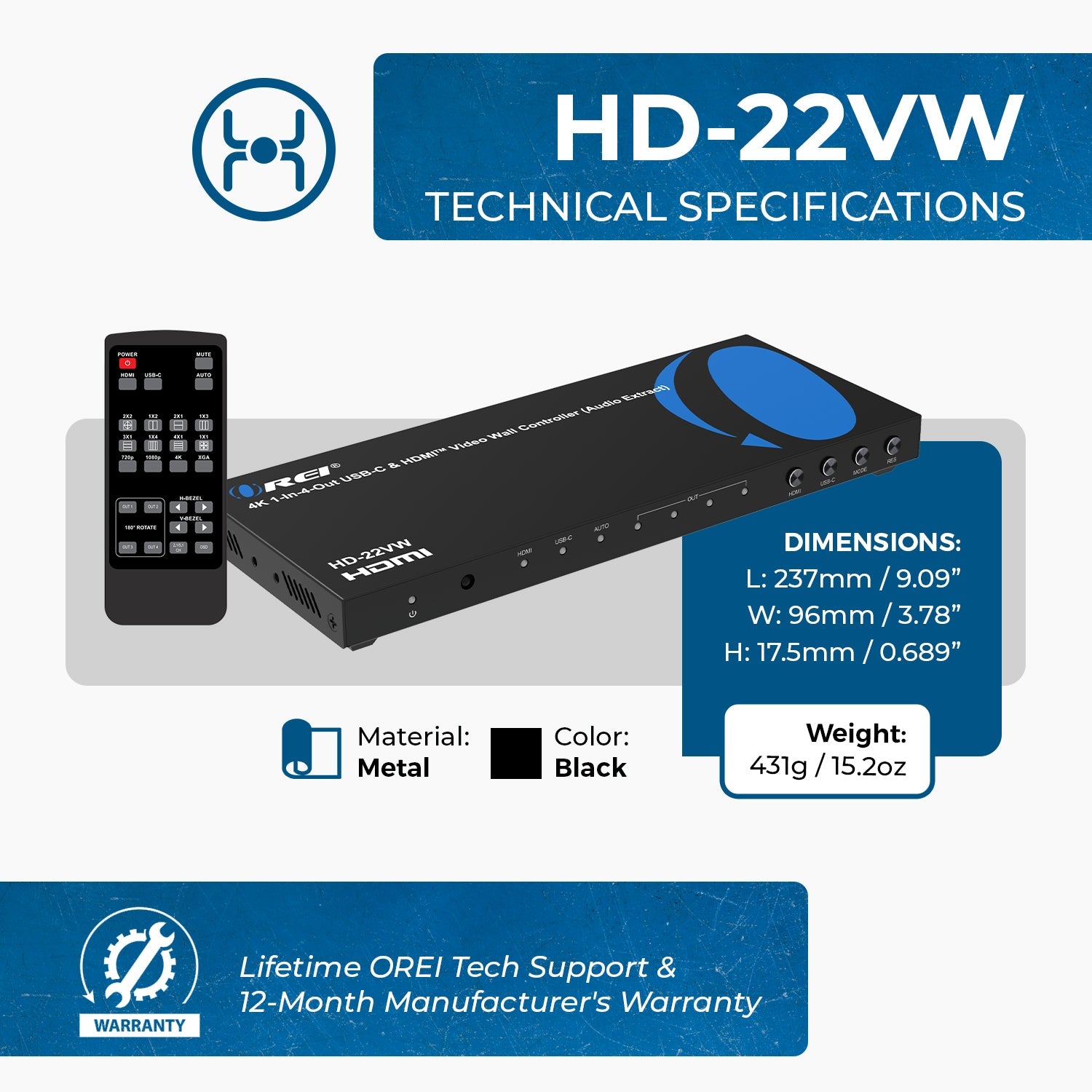 2x2 Full HD Video Wall Controller with Audio Extraction & RS-232 (HD-22VW)