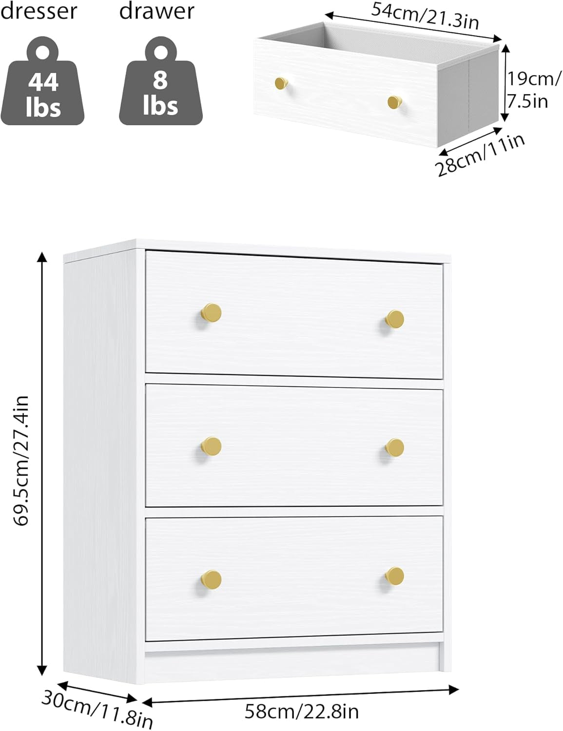 3 Drawer Dresser White Nightstand With Fabric Drawers For Bedroom Hallway And Kids Room