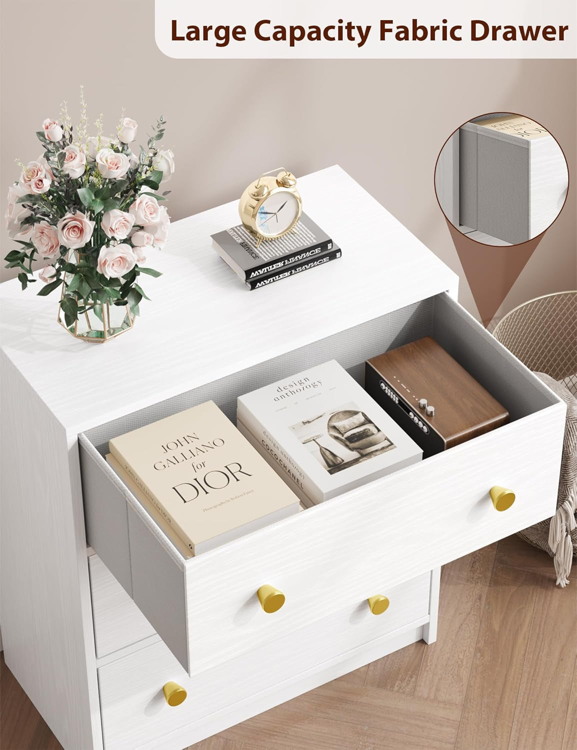 3 Drawer Dresser White Nightstand With Fabric Drawers For Bedroom Hallway And Kids Room