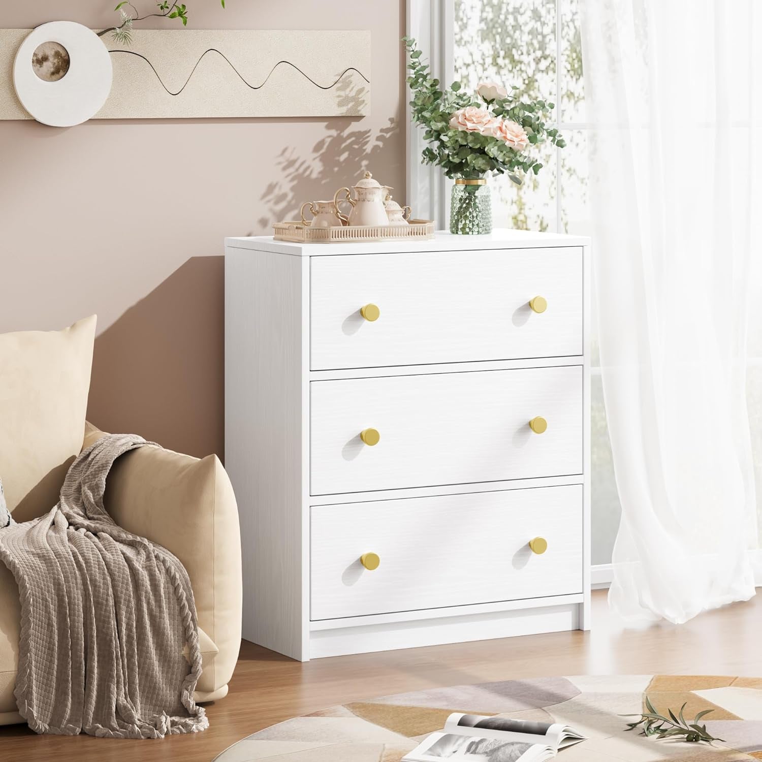 3 Drawer Dresser White Nightstand With Fabric Drawers For Bedroom Hallway And Kids Room