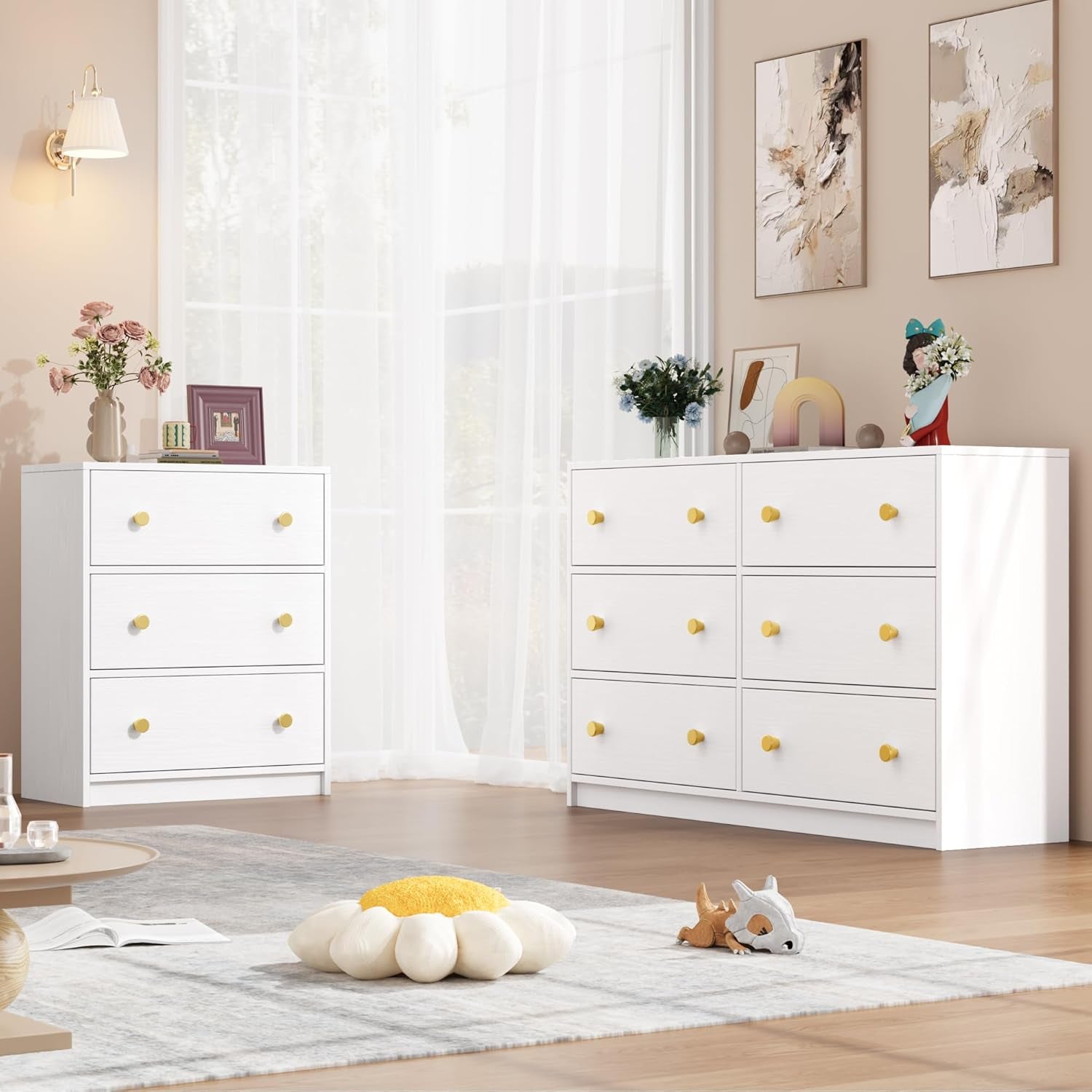3 Drawer Dresser White Nightstand With Fabric Drawers For Bedroom Hallway And Kids Room