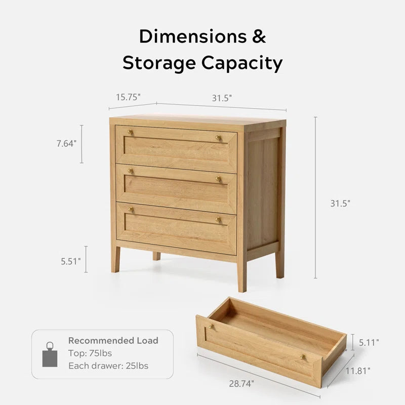 3 Drawer Dresser With Wide Chest Storage For Bedroom