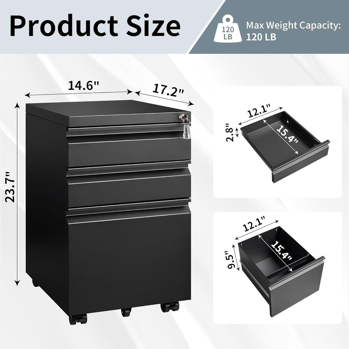 3 Drawer File Cabinet Under Desk Mobile Filing Cabinet With Lock For A4 Letter Legal Files Black