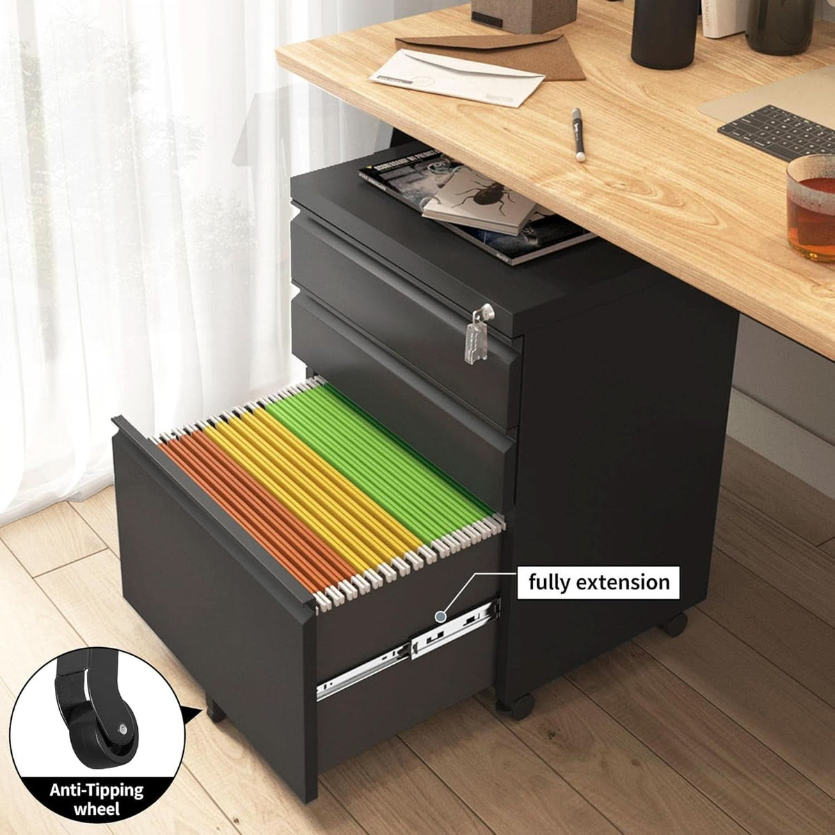 3 Drawer File Cabinet Under Desk Mobile Filing Cabinet With Lock For A4 Letter Legal Files Black