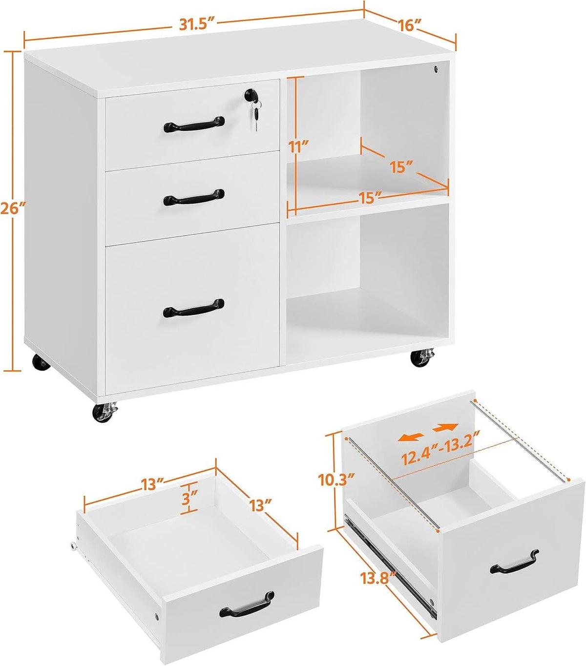 3 Drawer File Cabinet White Mobile Lateral Filing Cabinet With Lockable Top Drawer And Open Shelves For Home Office