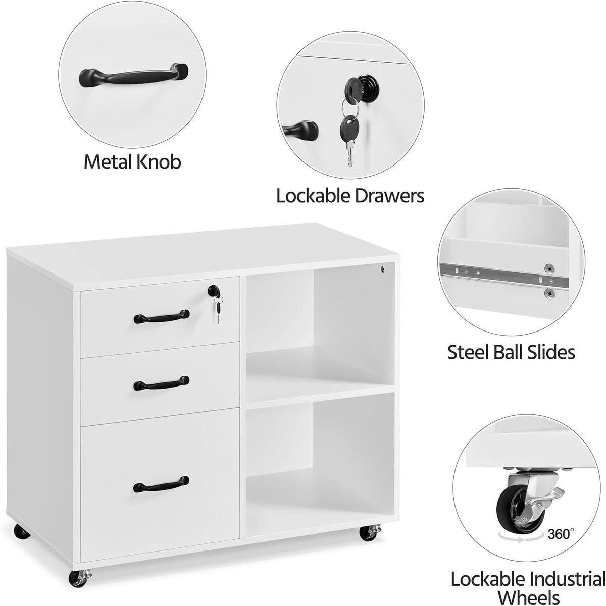 3 Drawer File Cabinet White Mobile Lateral Filing Cabinet With Lockable Top Drawer And Open Shelves For Home Office