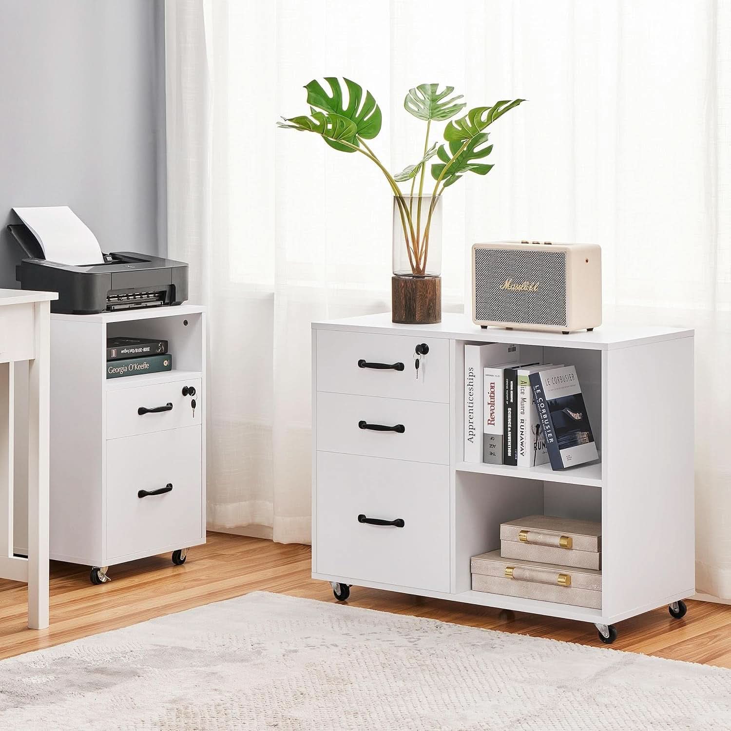 3 Drawer File Cabinet White Mobile Lateral Filing Cabinet With Lockable Top Drawer And Open Shelves For Home Office