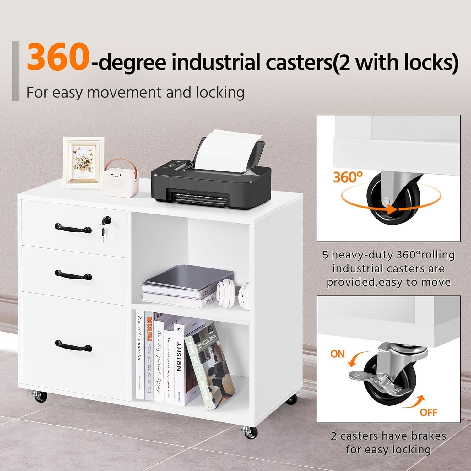 3 Drawer File Cabinet White Mobile Lateral Filing Cabinet With Lockable Top Drawer And Open Shelves For Home Office