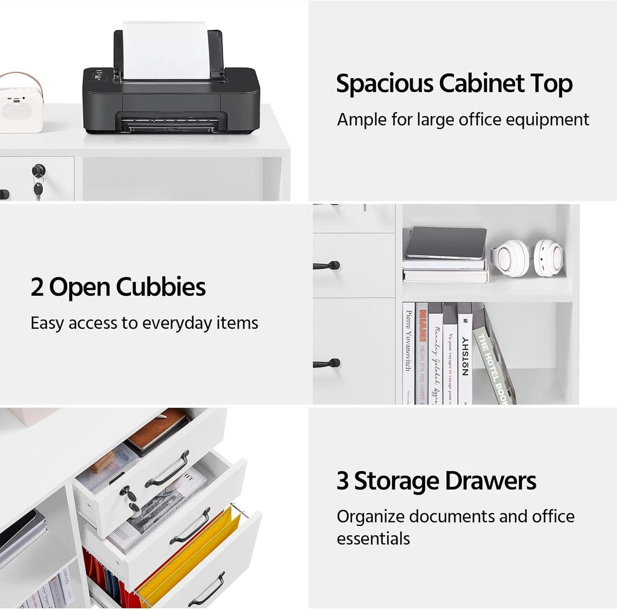 3 Drawer File Cabinet White Mobile Lateral Filing Cabinet With Lockable Top Drawer And Open Shelves For Home Office