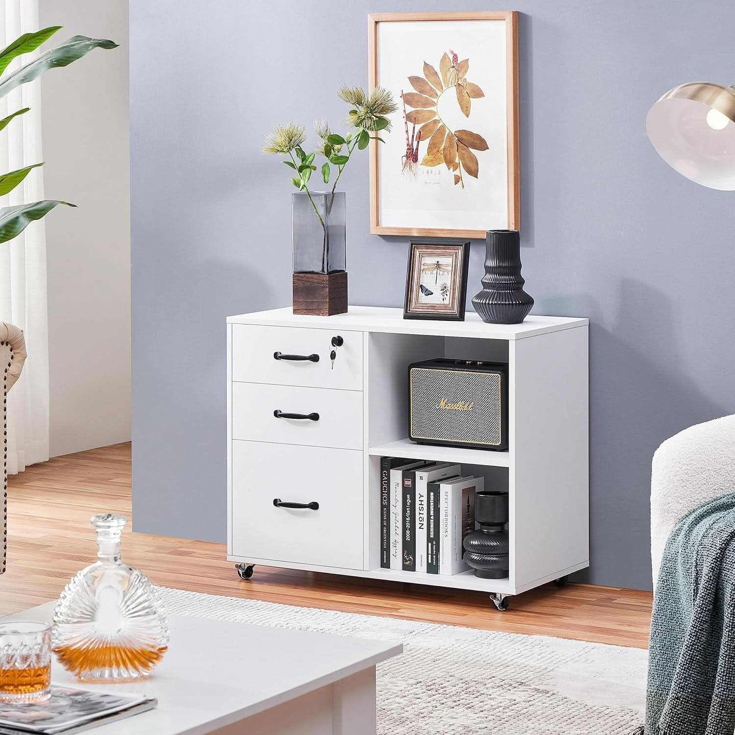 3 Drawer File Cabinet White Mobile Lateral Filing Cabinet With Lockable Top Drawer And Open Shelves For Home Office