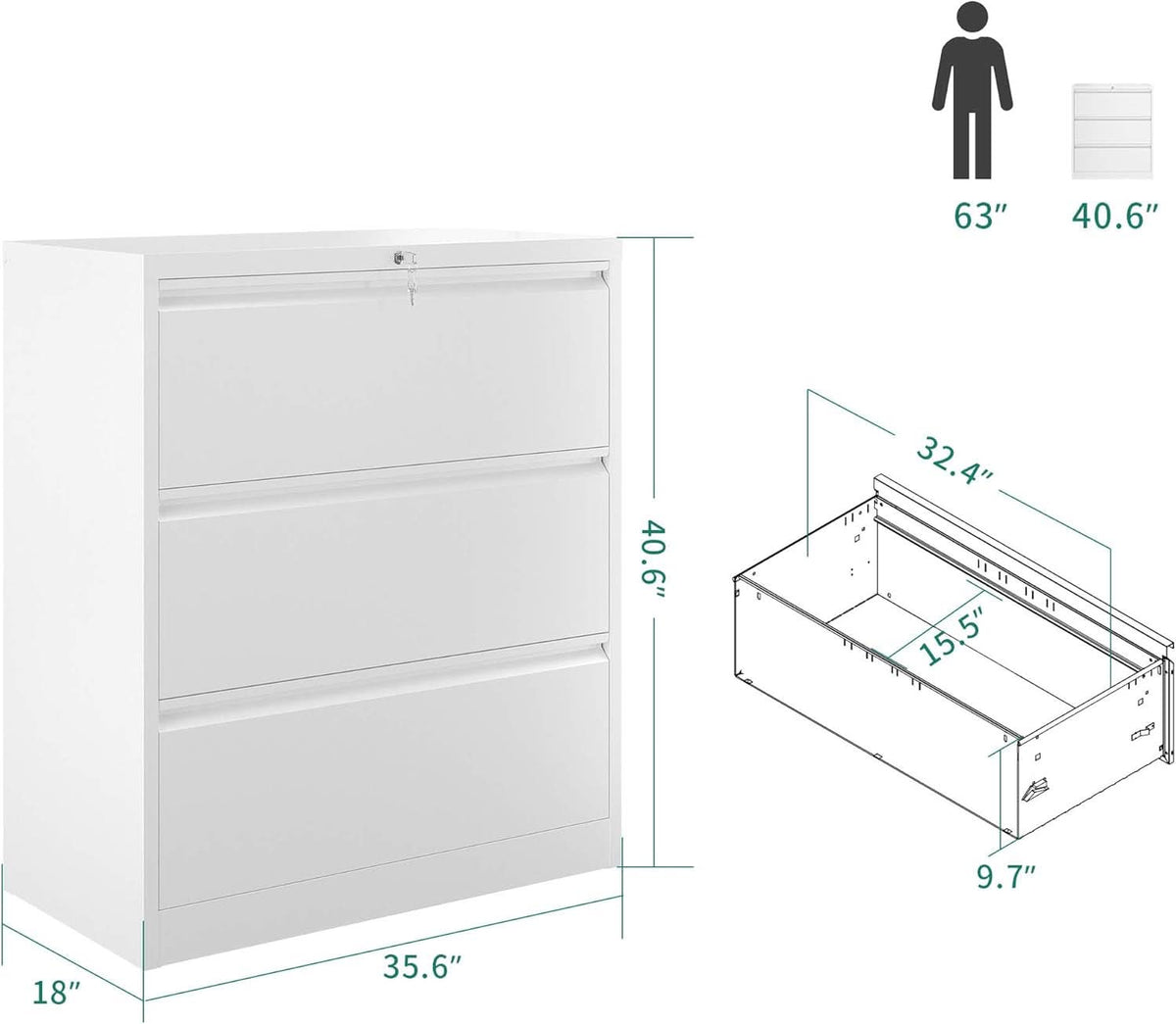 3 Drawer Lateral File Cabinet With Lock White Metal Storage Cabinet For Legal And Letter A4 Size