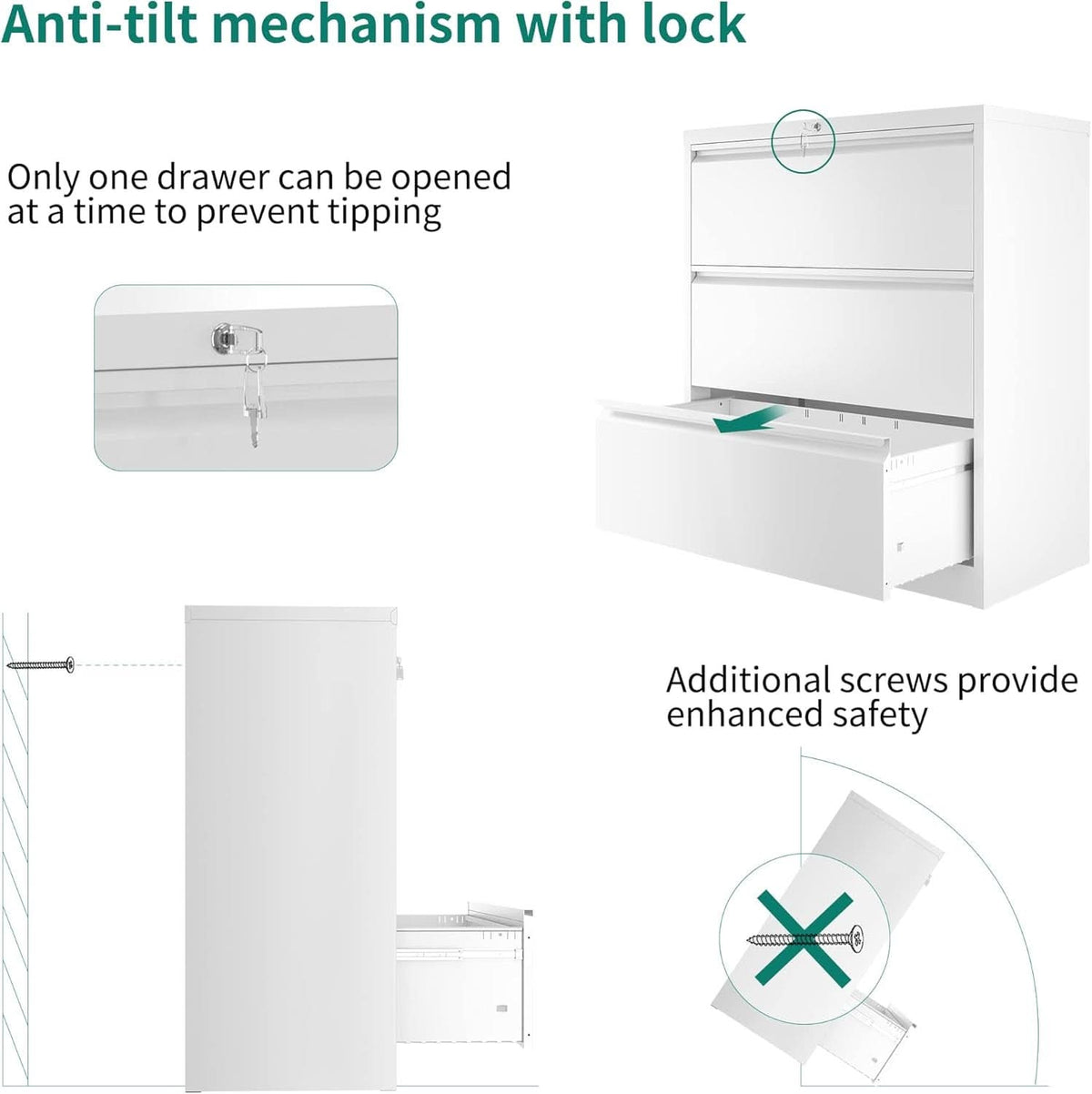 3 Drawer Lateral File Cabinet With Lock White Metal Storage Cabinet For Legal And Letter A4 Size