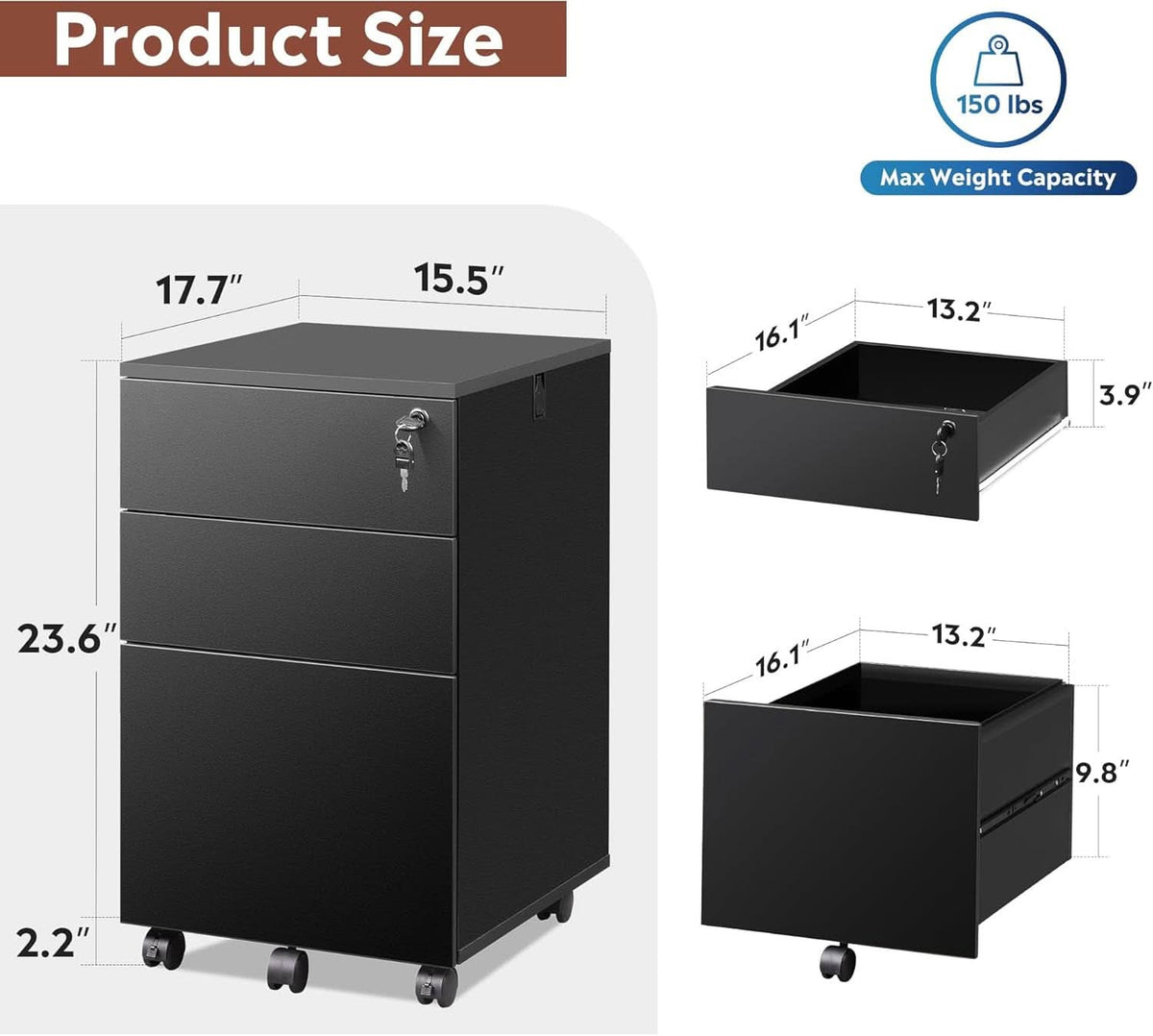 3 Drawer Lockable File Cabinet Under Desk Rolling Black Fits Letter Legal A4 Folders