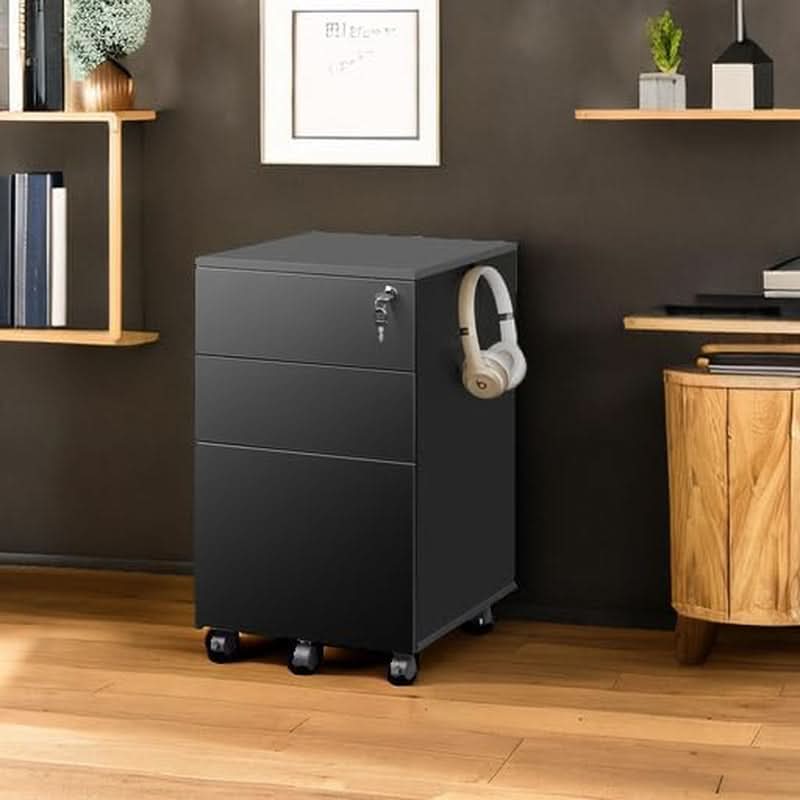 3 Drawer Lockable File Cabinet Under Desk Rolling Black Fits Letter Legal A4 Folders