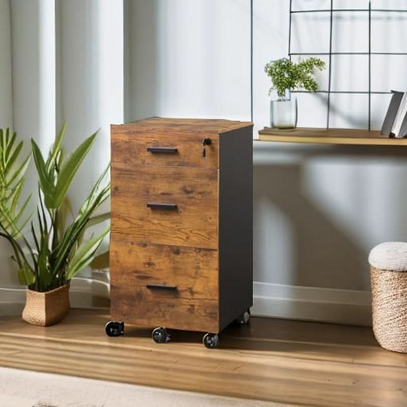 3 Drawer Lockable Rolling File Cabinet In Rustic Brown Fits Letter And A4 Size For Home Office