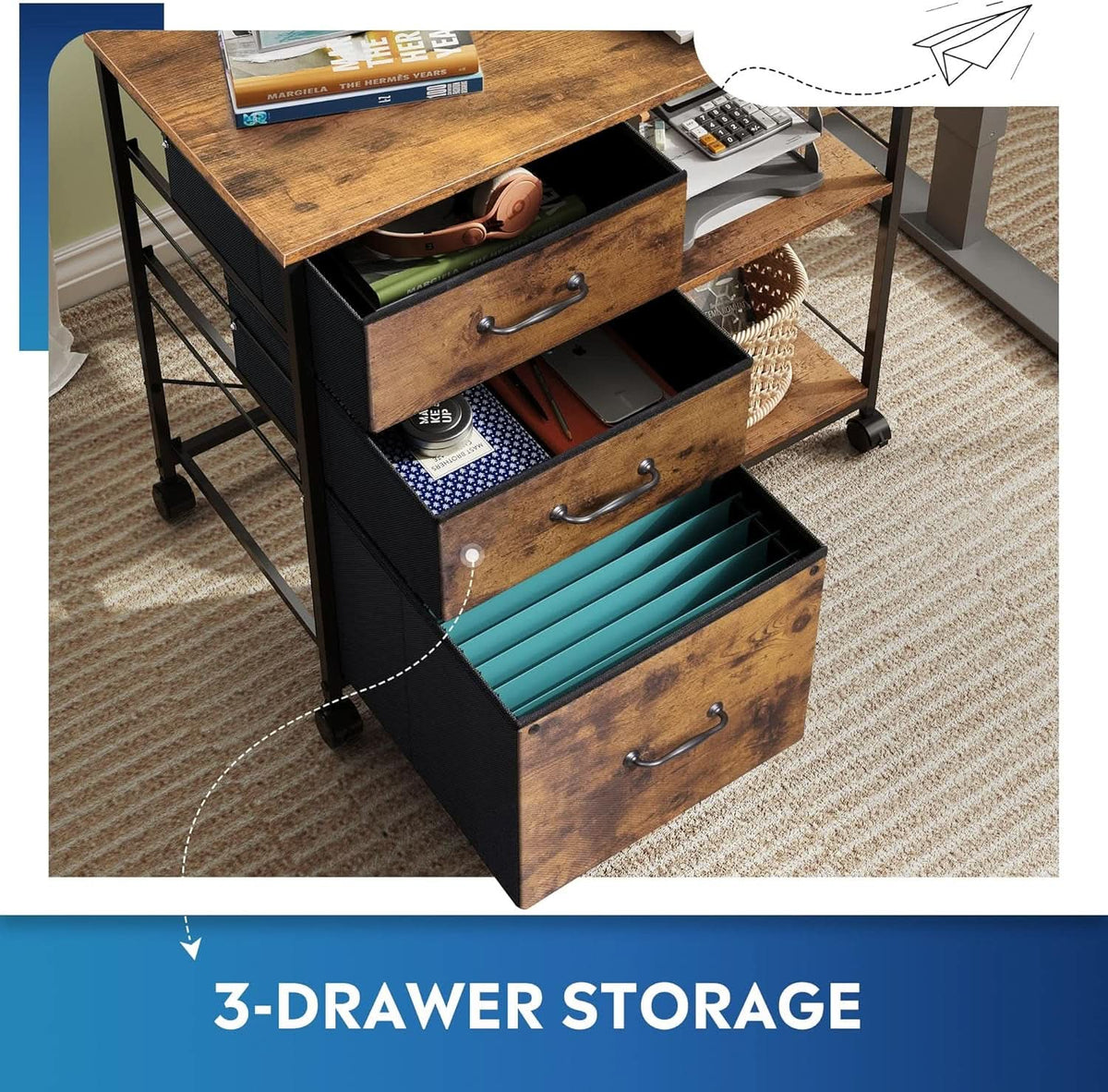 3 Drawer Mobile File Cabinet Fits A4 Or Letter Size With Rolling Printer Stand Rustic Brown Wood Grain