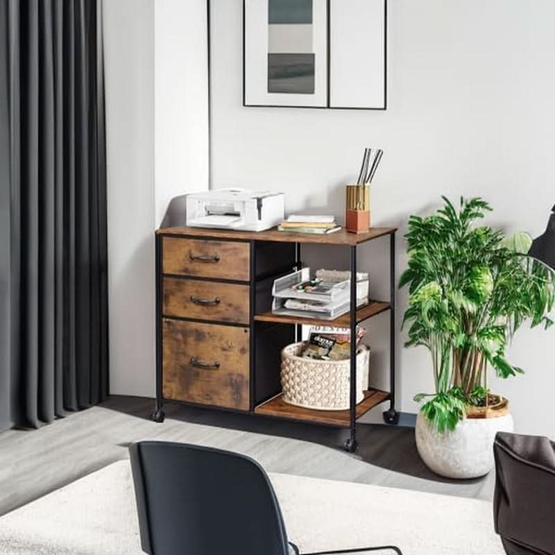 3 Drawer Mobile File Cabinet Fits A4 Or Letter Size With Rolling Printer Stand Rustic Brown Wood Grain