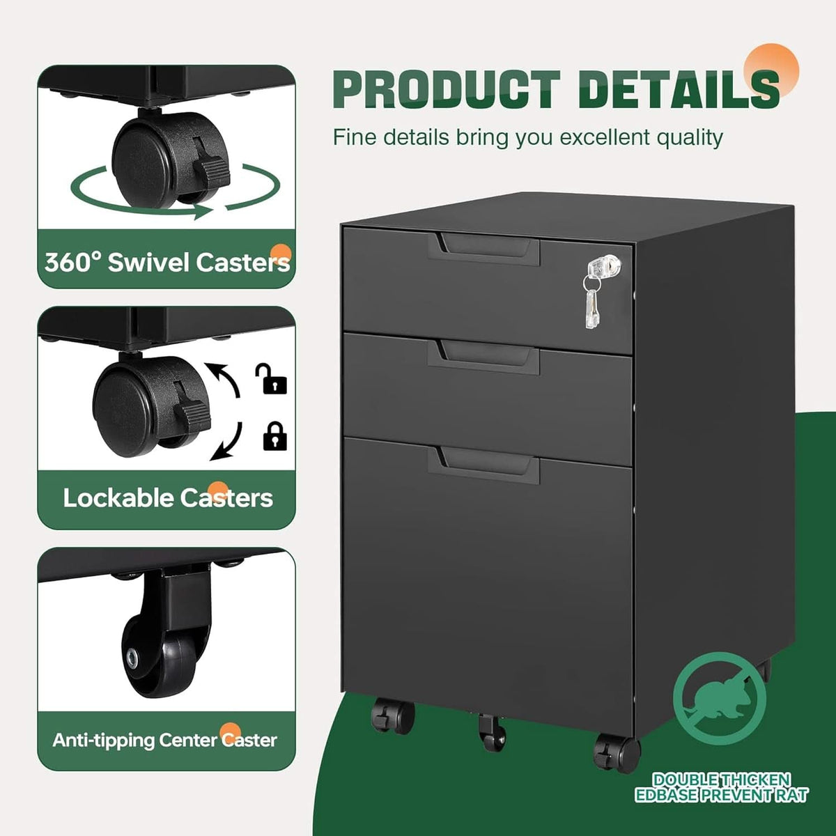 3 Drawer Mobile File Cabinet With Lock In Black Metal Under Desk Organizer For Letters Legal A4