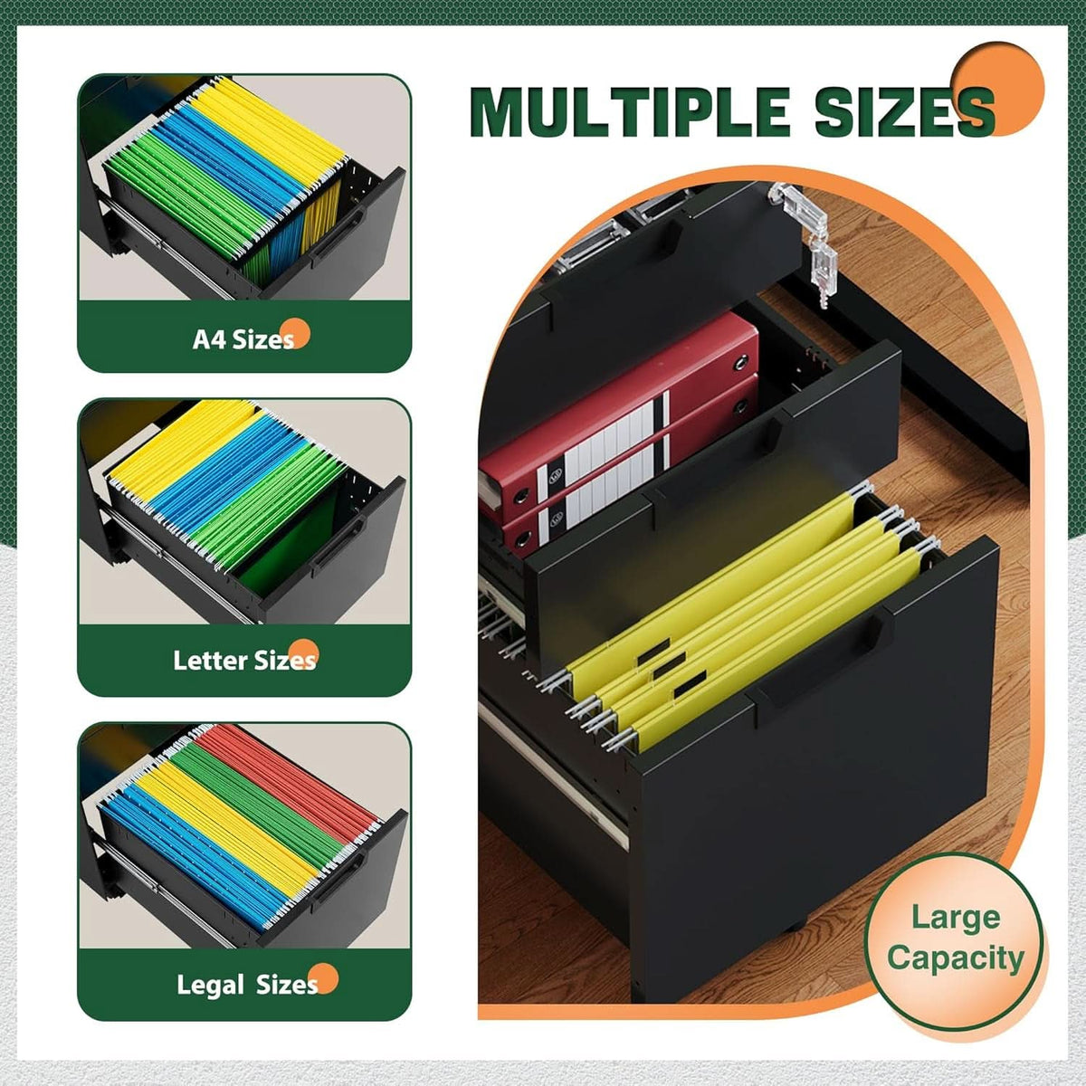 3 Drawer Mobile File Cabinet With Lock In Black Metal Under Desk Organizer For Letters Legal A4