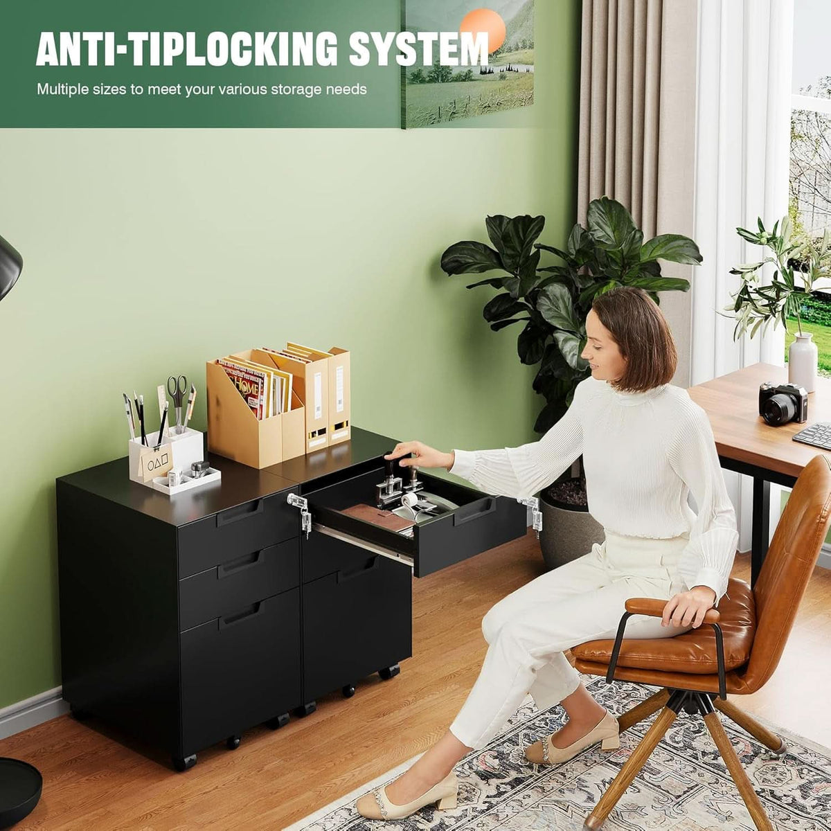3 Drawer Mobile File Cabinet With Lock In Black Metal Under Desk Organizer For Letters Legal A4