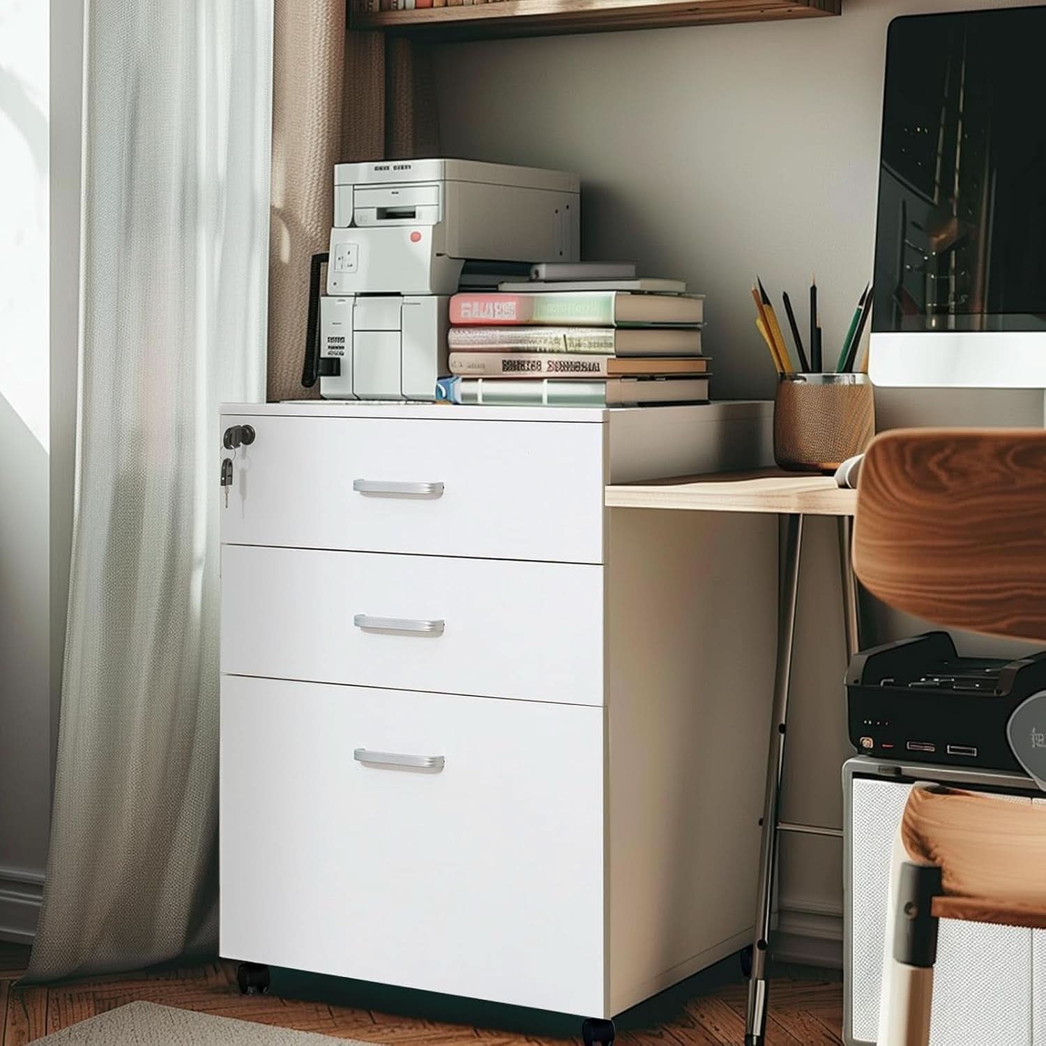 3 Drawer Mobile File Cabinet With Lock White Rolling Vertical Filing Cabinet For A4 Legal Letter Paper