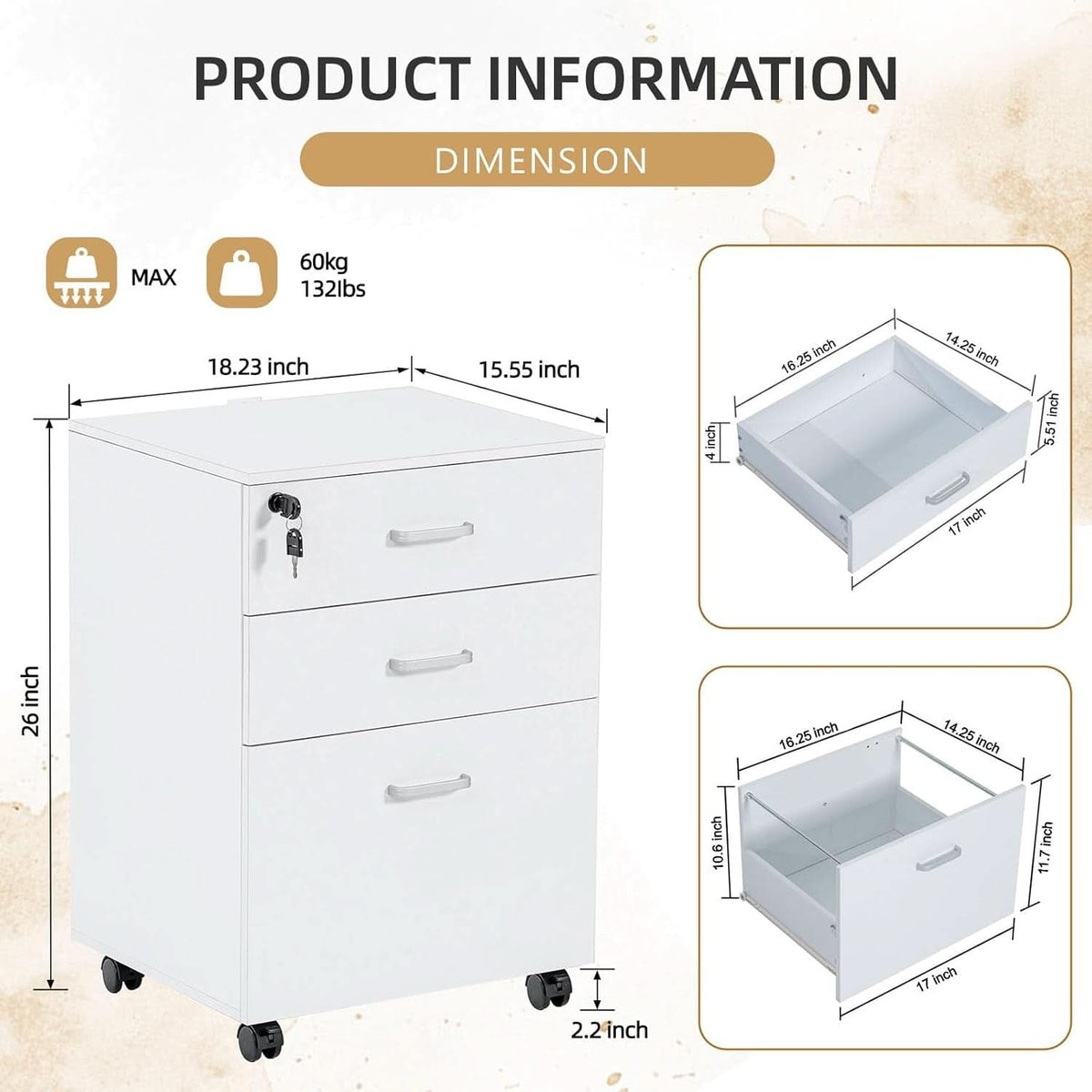 3 Drawer Mobile File Cabinet With Lock White Rolling Vertical Filing Cabinet For A4 Legal Letter Paper