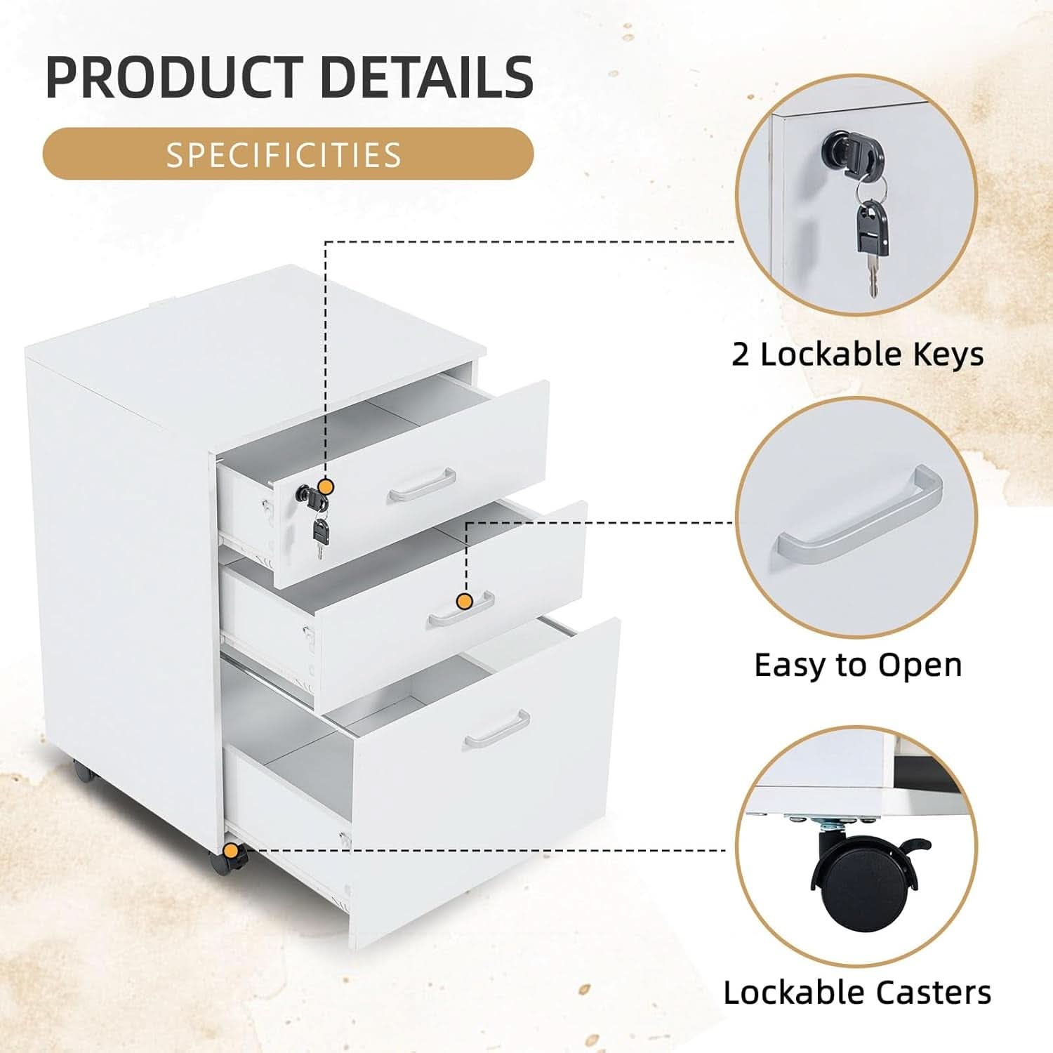 3 Drawer Mobile File Cabinet With Lock White Rolling Vertical Filing Cabinet For A4 Legal Letter Paper