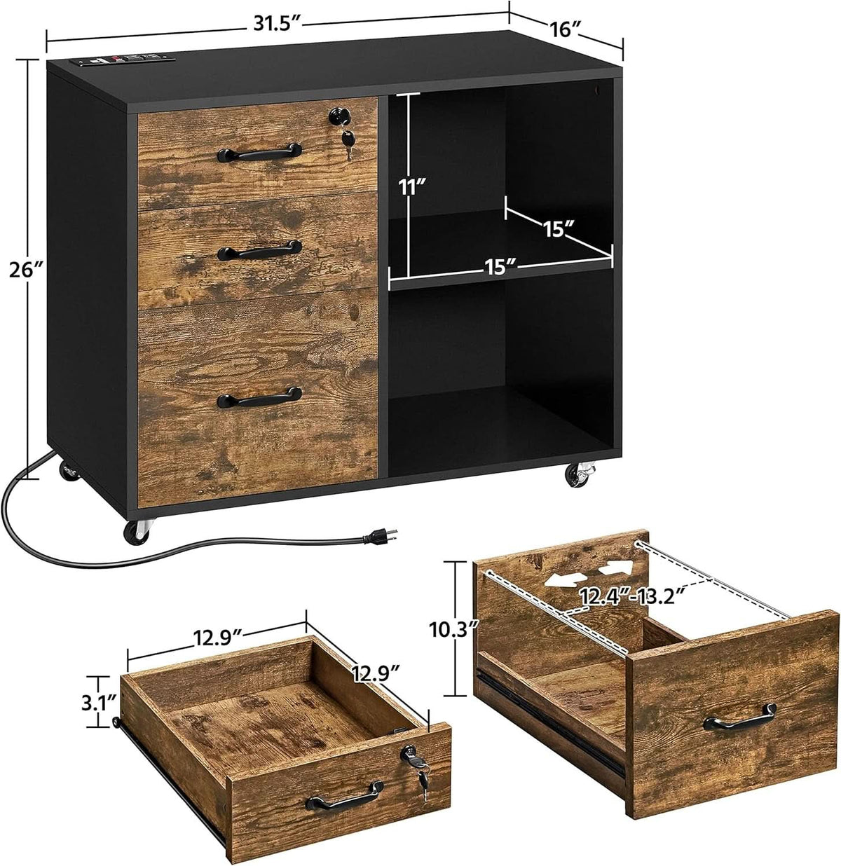 3 Drawer Mobile File Cabinet With Open Shelf Black Rustic