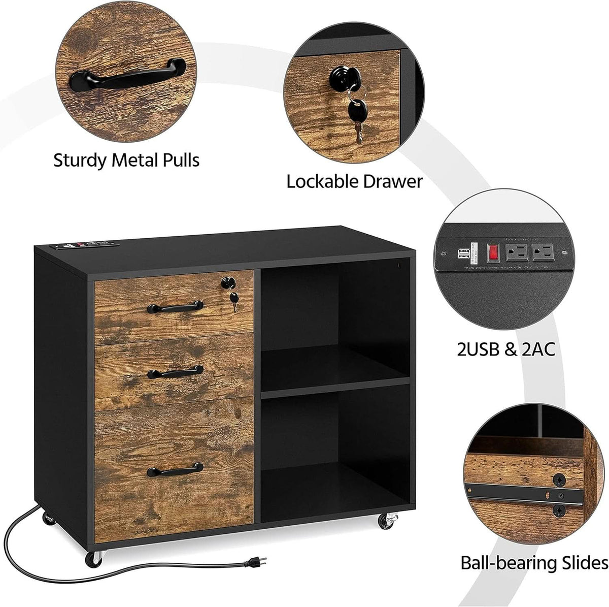 3 Drawer Mobile File Cabinet With Open Shelf Black Rustic