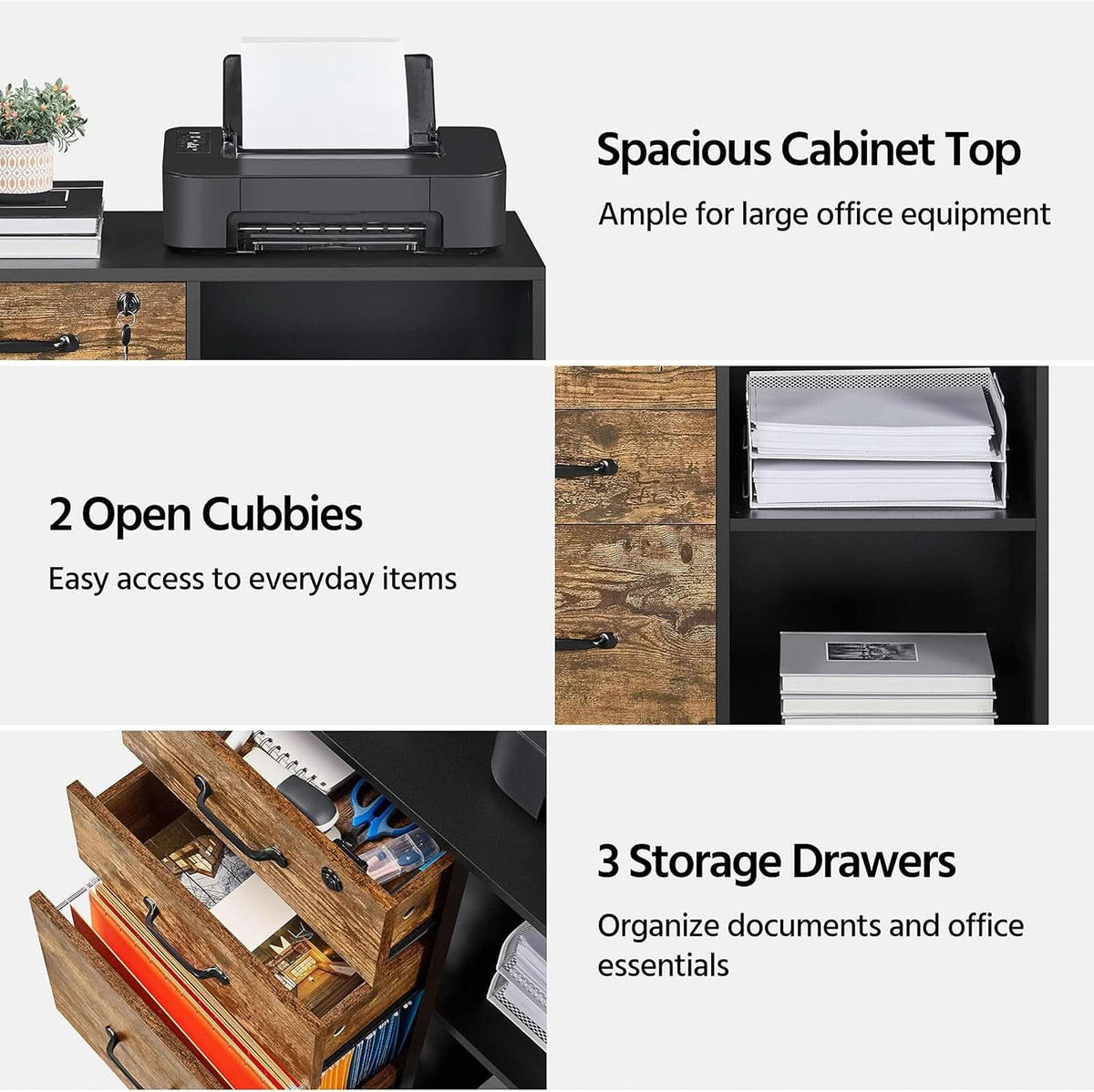 3 Drawer Mobile File Cabinet With Open Shelf Black Rustic