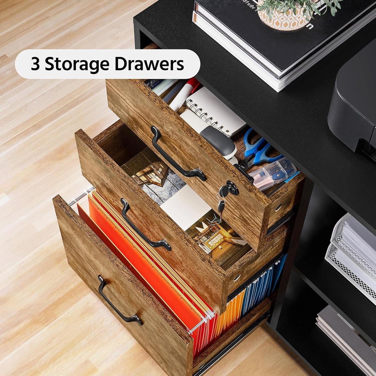 3 Drawer Mobile File Cabinet With Open Shelf Black Rustic