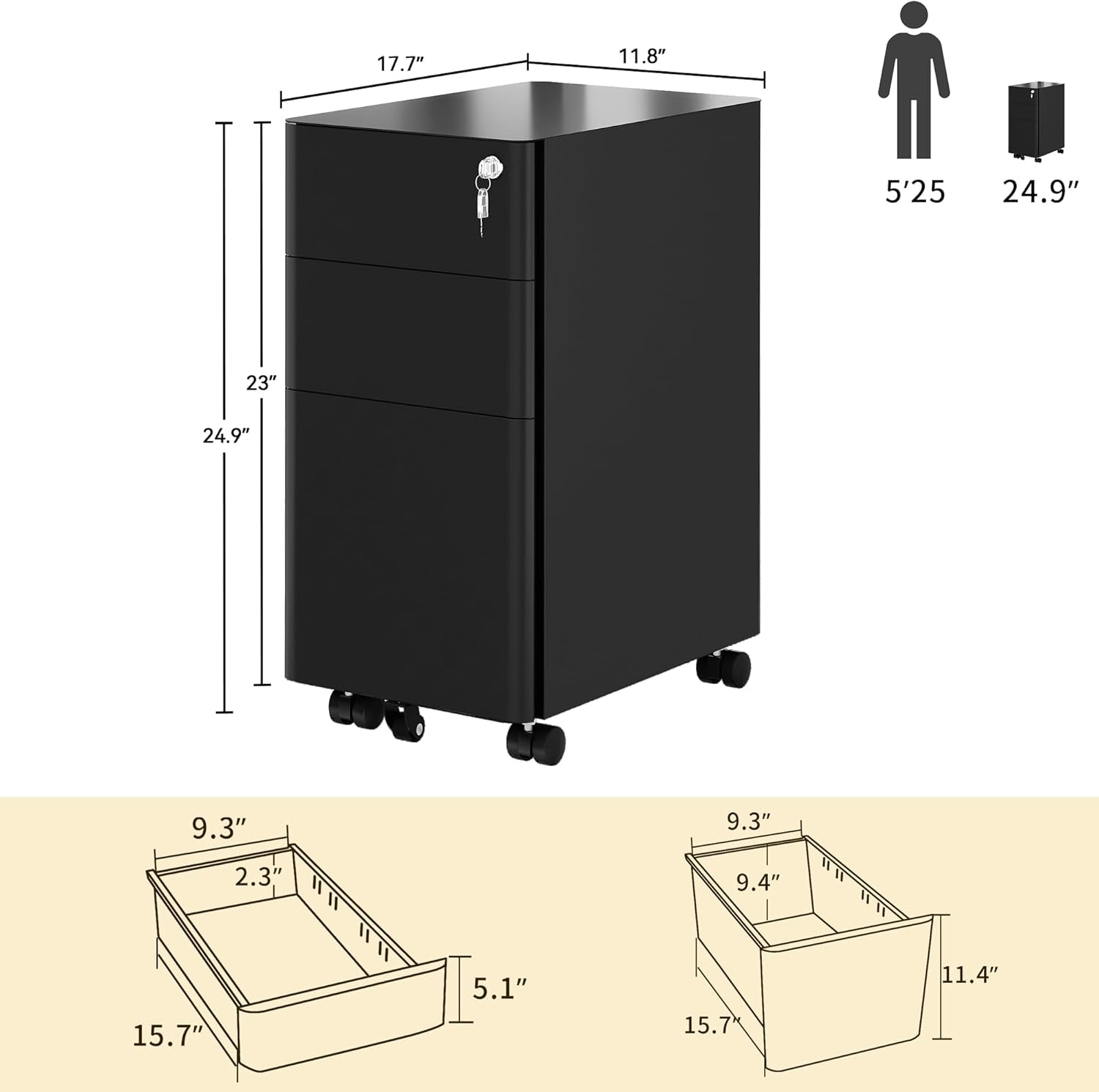 3-Drawer Vertical File Cabinet With Lock, Mobile Slim Steel Office Storage For A4 Letter Legal Documents Black