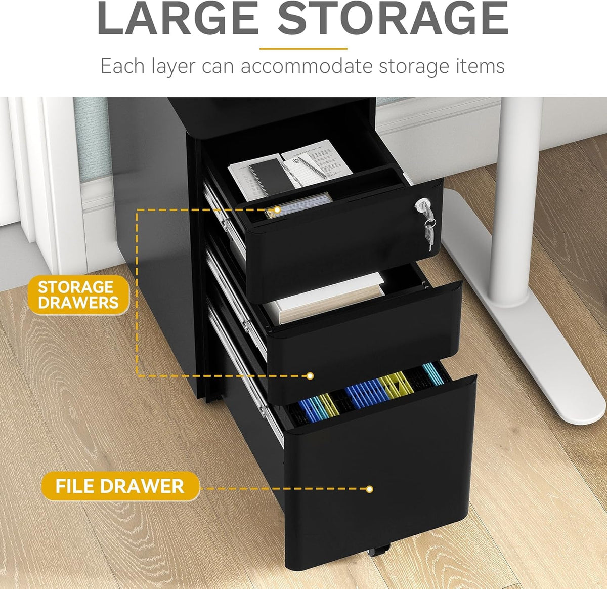 3-Drawer Vertical File Cabinet With Lock, Mobile Slim Steel Office Storage For A4 Letter Legal Documents Black