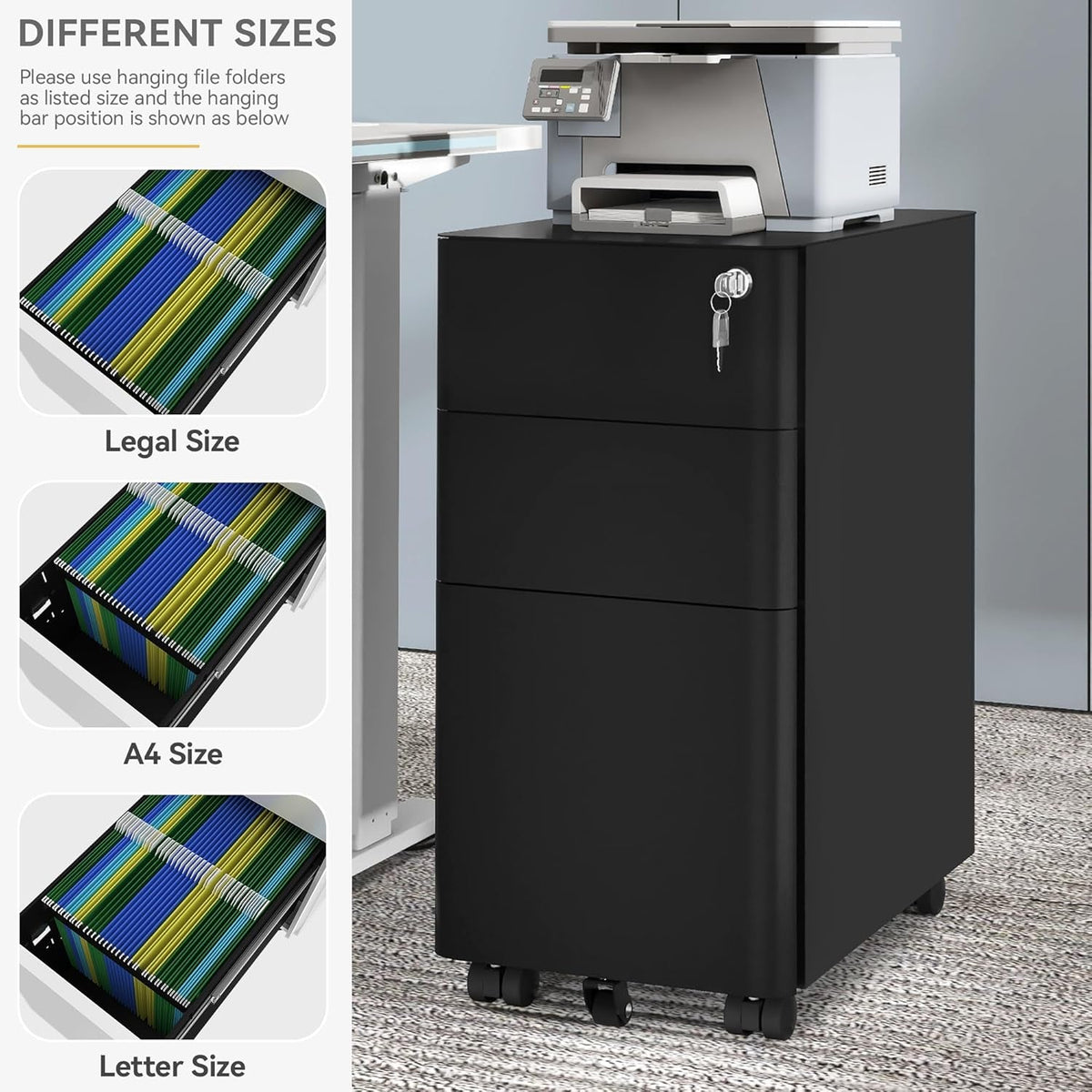 3-Drawer Vertical File Cabinet With Lock, Mobile Slim Steel Office Storage For A4 Letter Legal Documents Black