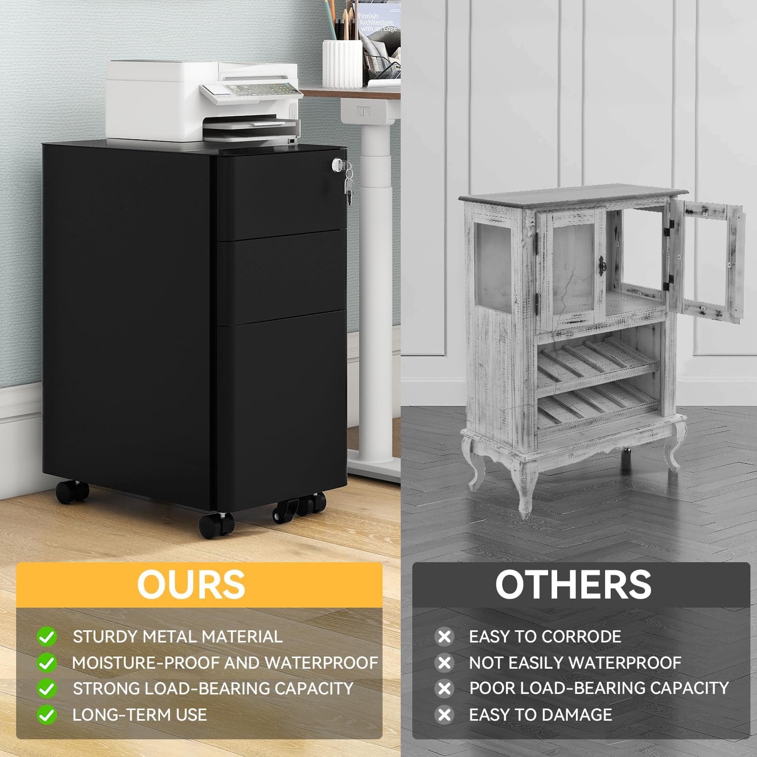 3-Drawer Vertical File Cabinet With Lock, Mobile Slim Steel Office Storage For A4 Letter Legal Documents Black