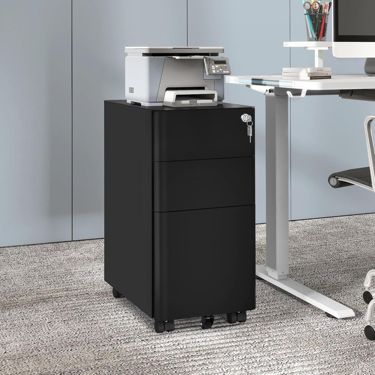 3-Drawer Vertical File Cabinet With Lock, Mobile Slim Steel Office Storage For A4 Letter Legal Documents Black