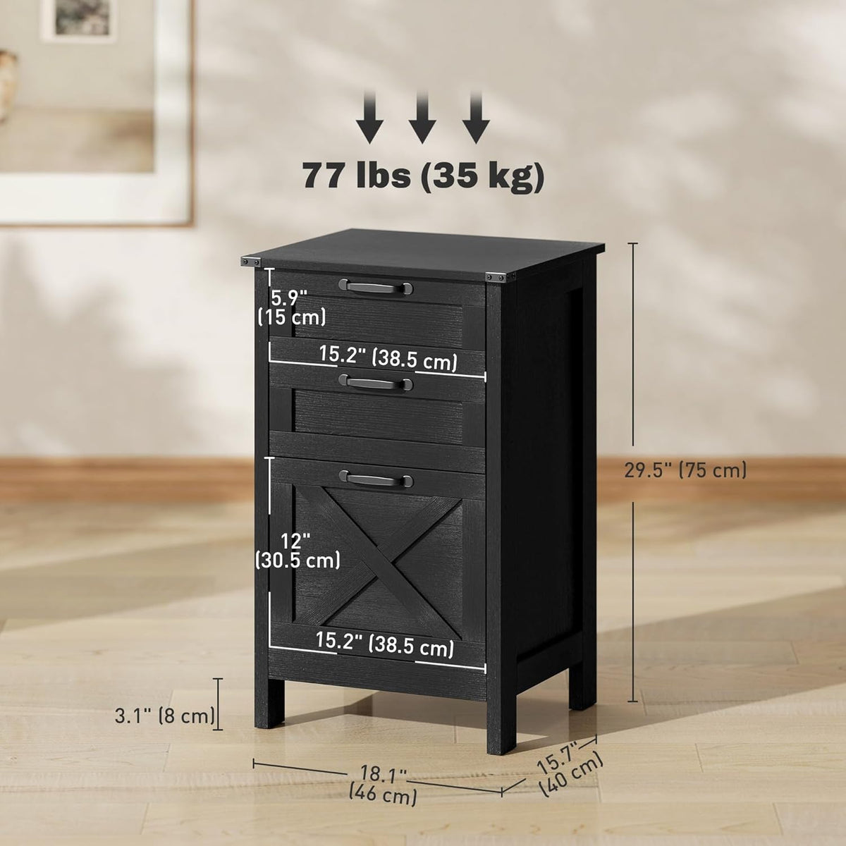 3 Drawer Vertical File Cabinet With Silent Slides Distressed Black Rustic Farmhouse Finish