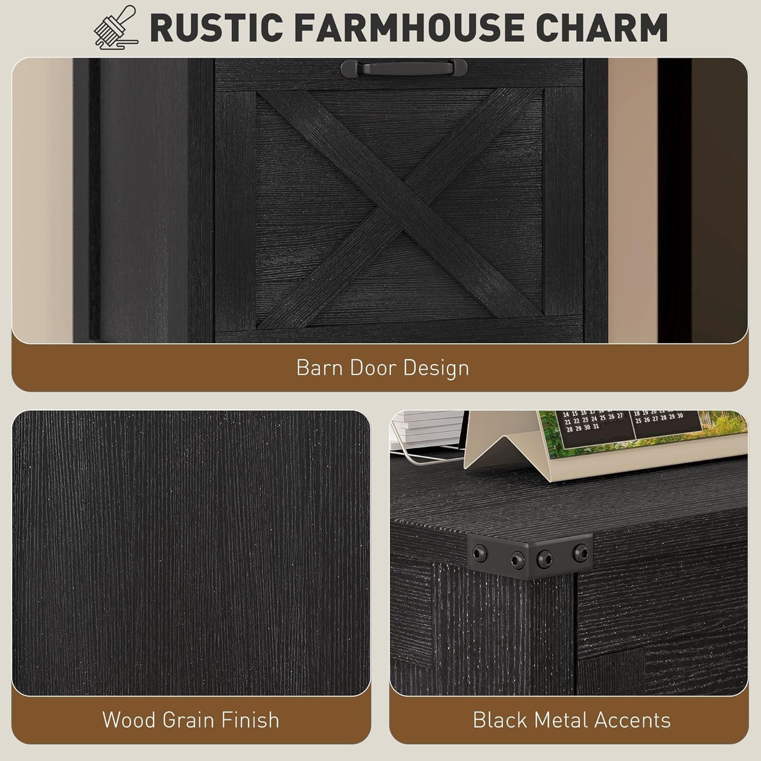 3 Drawer Vertical File Cabinet With Silent Slides Distressed Black Rustic Farmhouse Finish