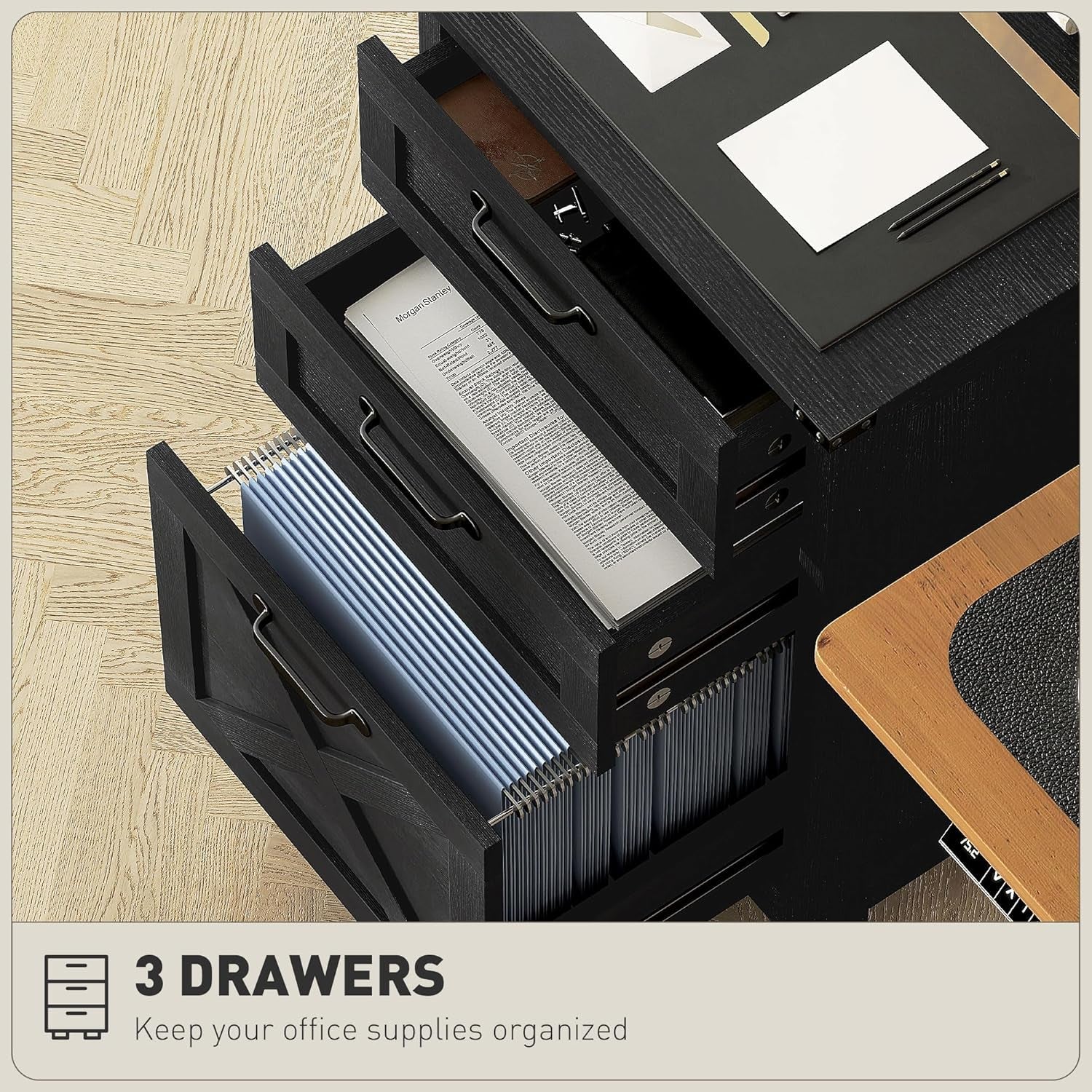 3 Drawer Vertical File Cabinet With Silent Slides Distressed Black Rustic Farmhouse Finish