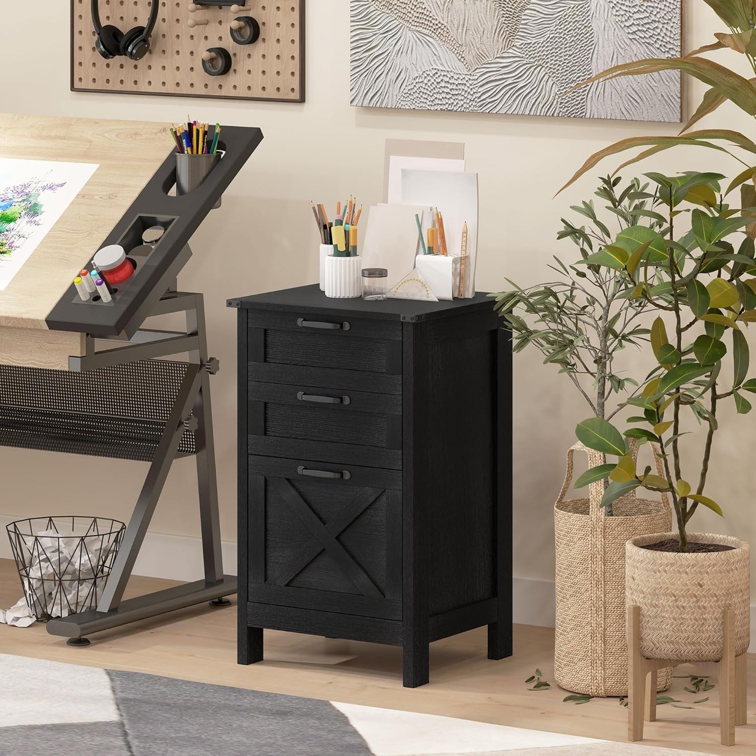3 Drawer Vertical File Cabinet With Silent Slides Distressed Black Rustic Farmhouse Finish
