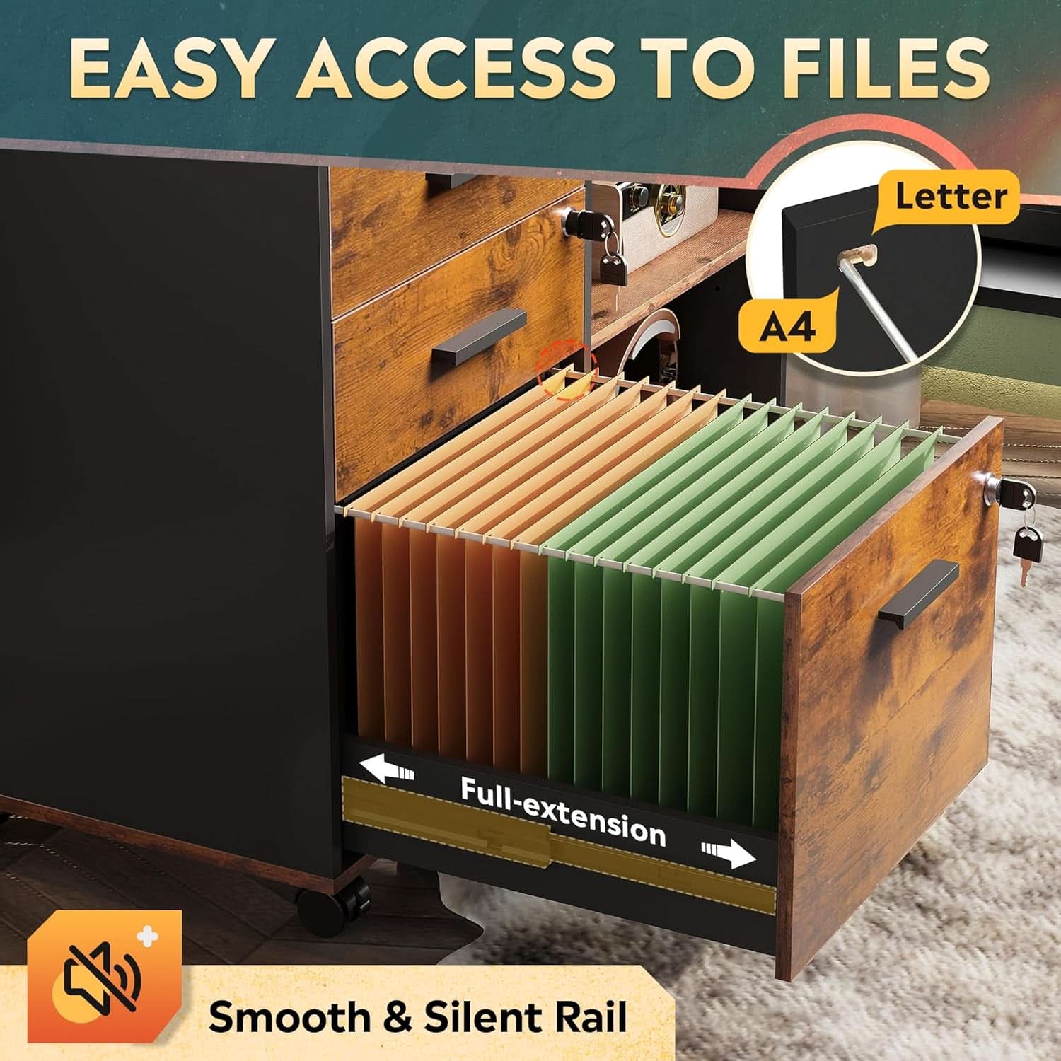 3 Drawer Wood File Cabinet With Lock For Home Office