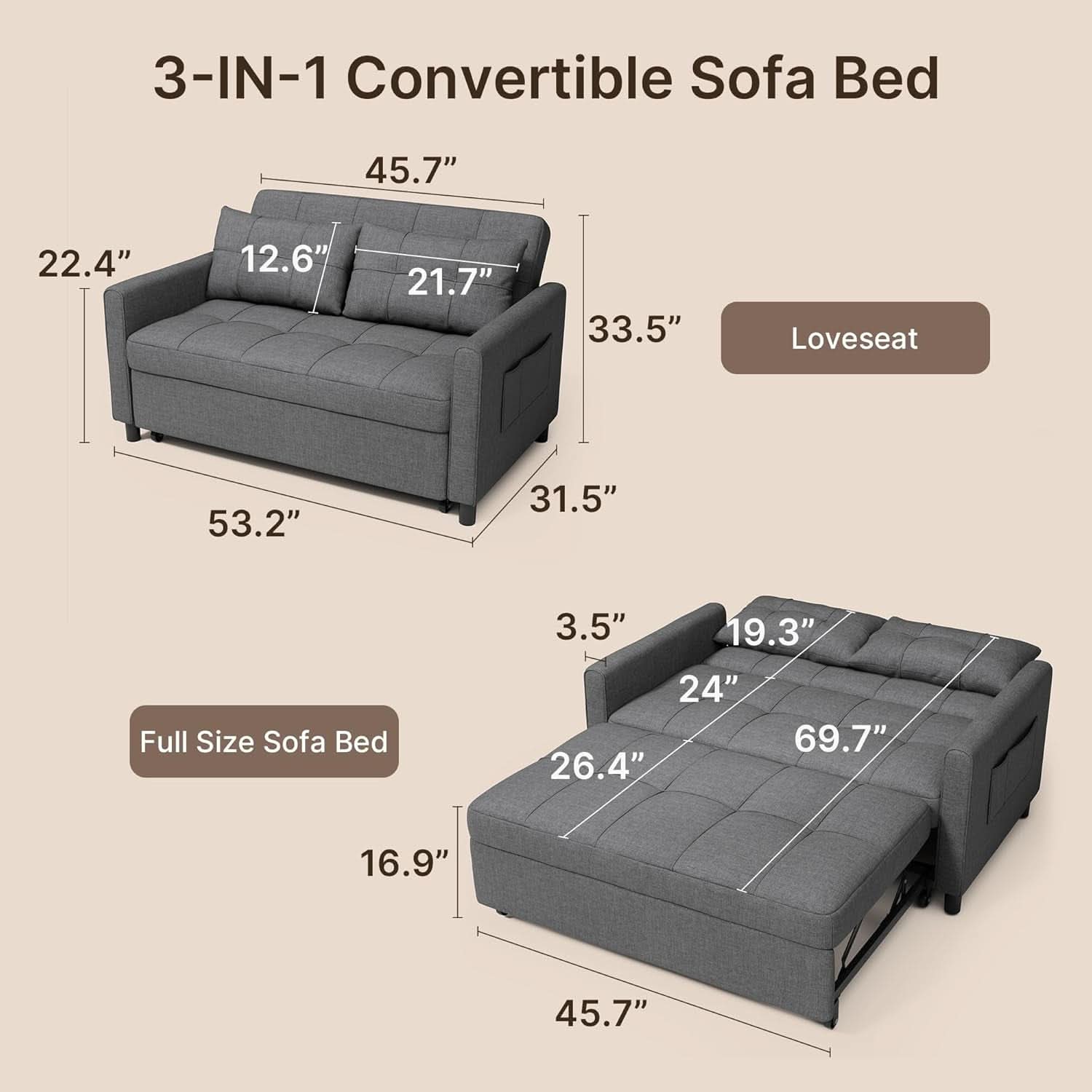 3 In 1 Convertible Sleeper Sofa Bed For Space Saving