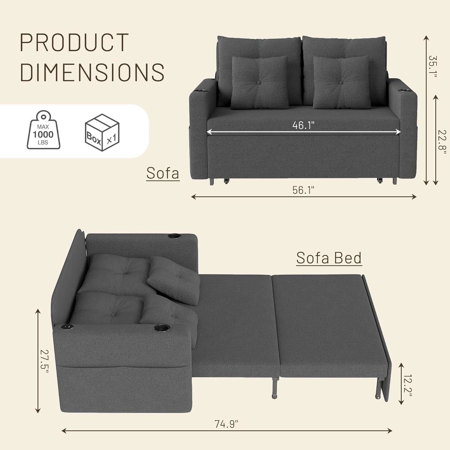 3 In 1 Convertible Sofa Bed With Cup Holders