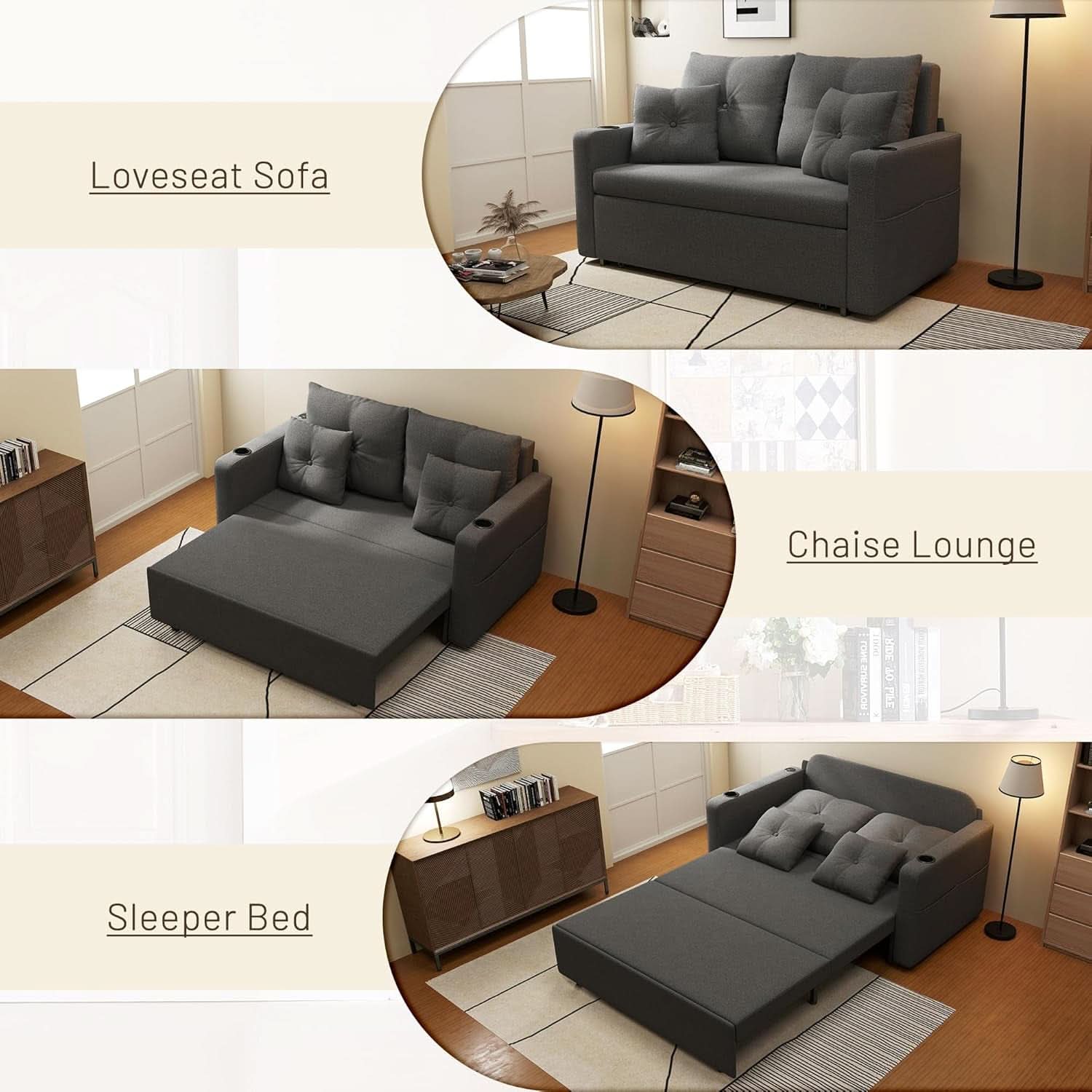 3 In 1 Convertible Sofa Bed With Cup Holders