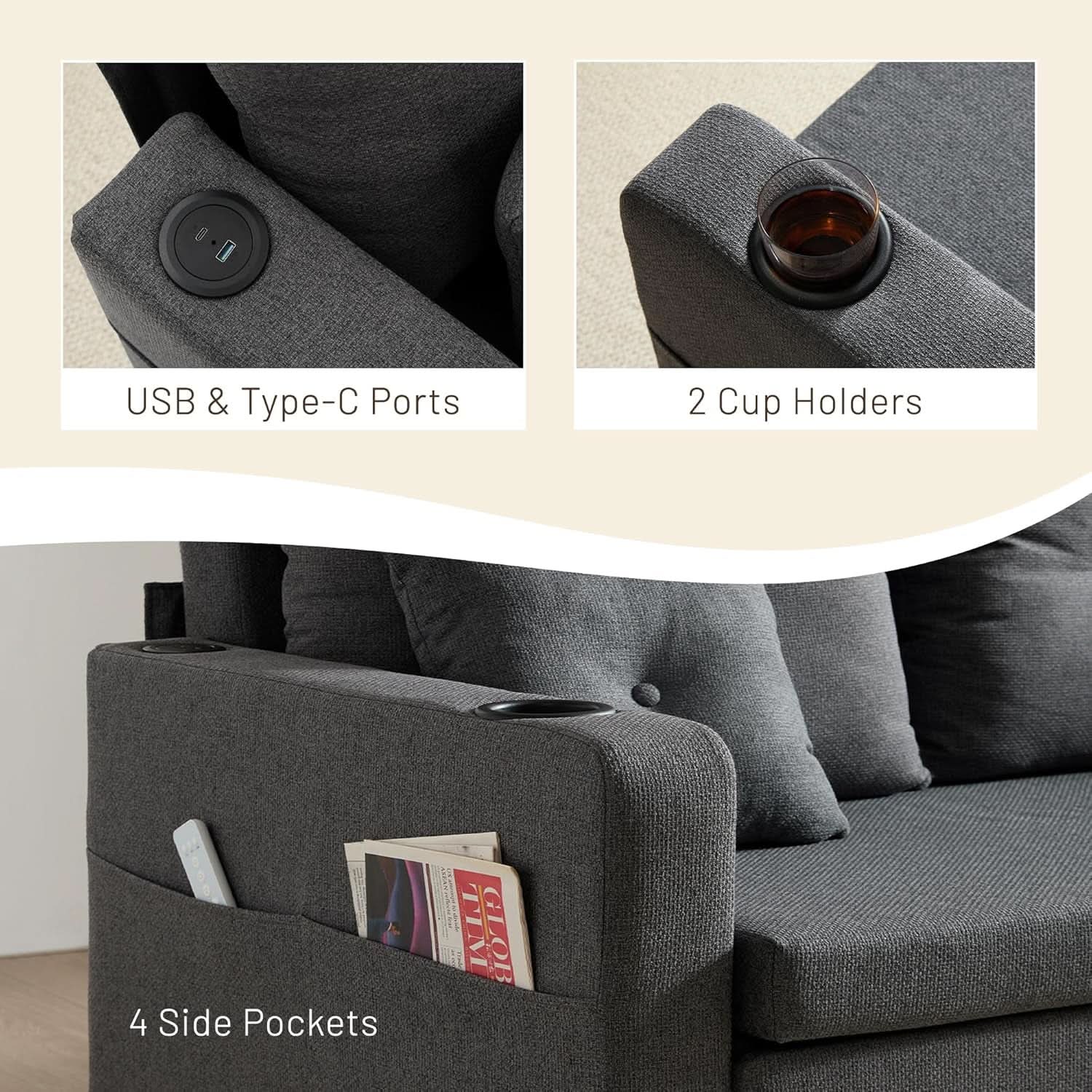 3 In 1 Convertible Sofa Bed With Cup Holders
