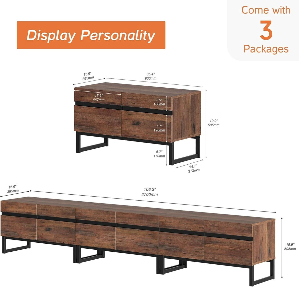 3 In 1 Modern TV Stand For TVs Up To 110 Inches With Storage Cabinets And Metal Base Walnut Brown