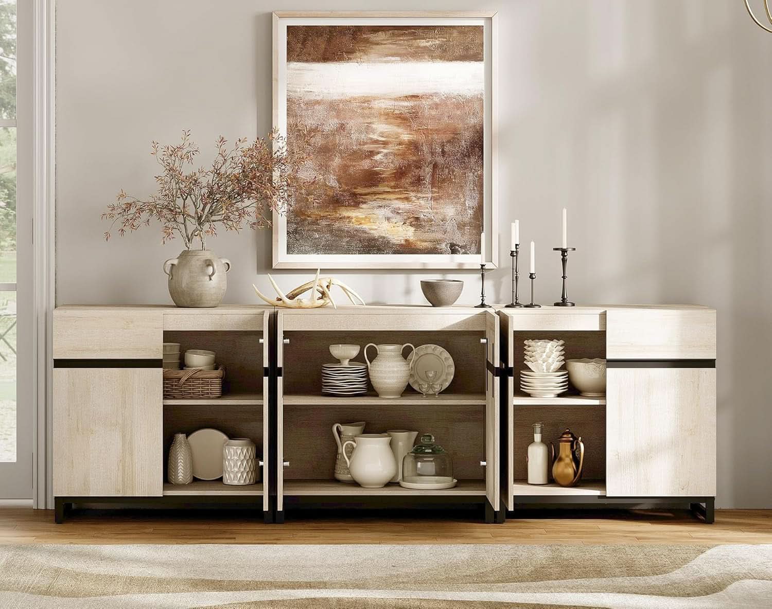 3 In 1 Multifunctional Sideboard Buffet Cabinet With Adjustable Shelves In Light Oak Finish For Living Room