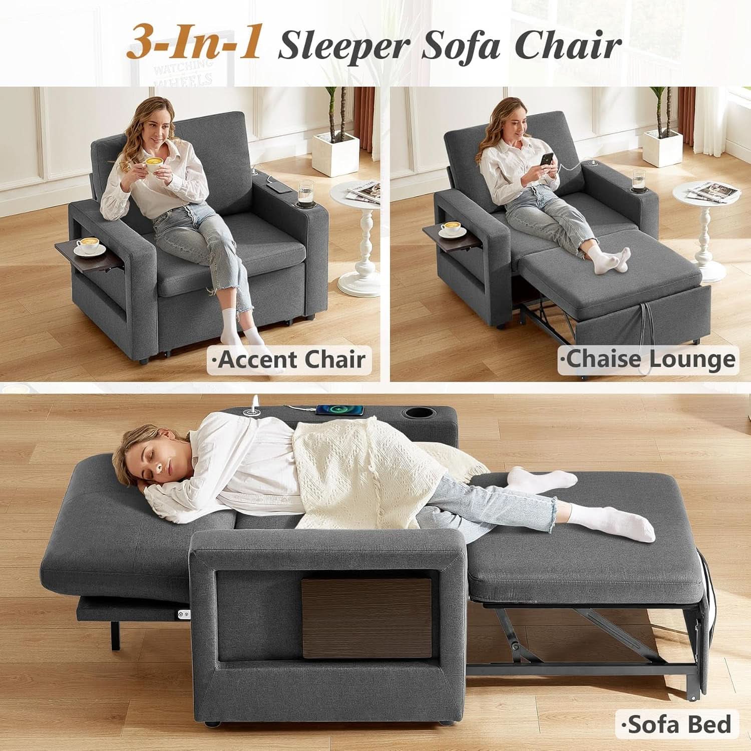 3 In 1 Sleeper Sofa Chair Bed With USB Ports