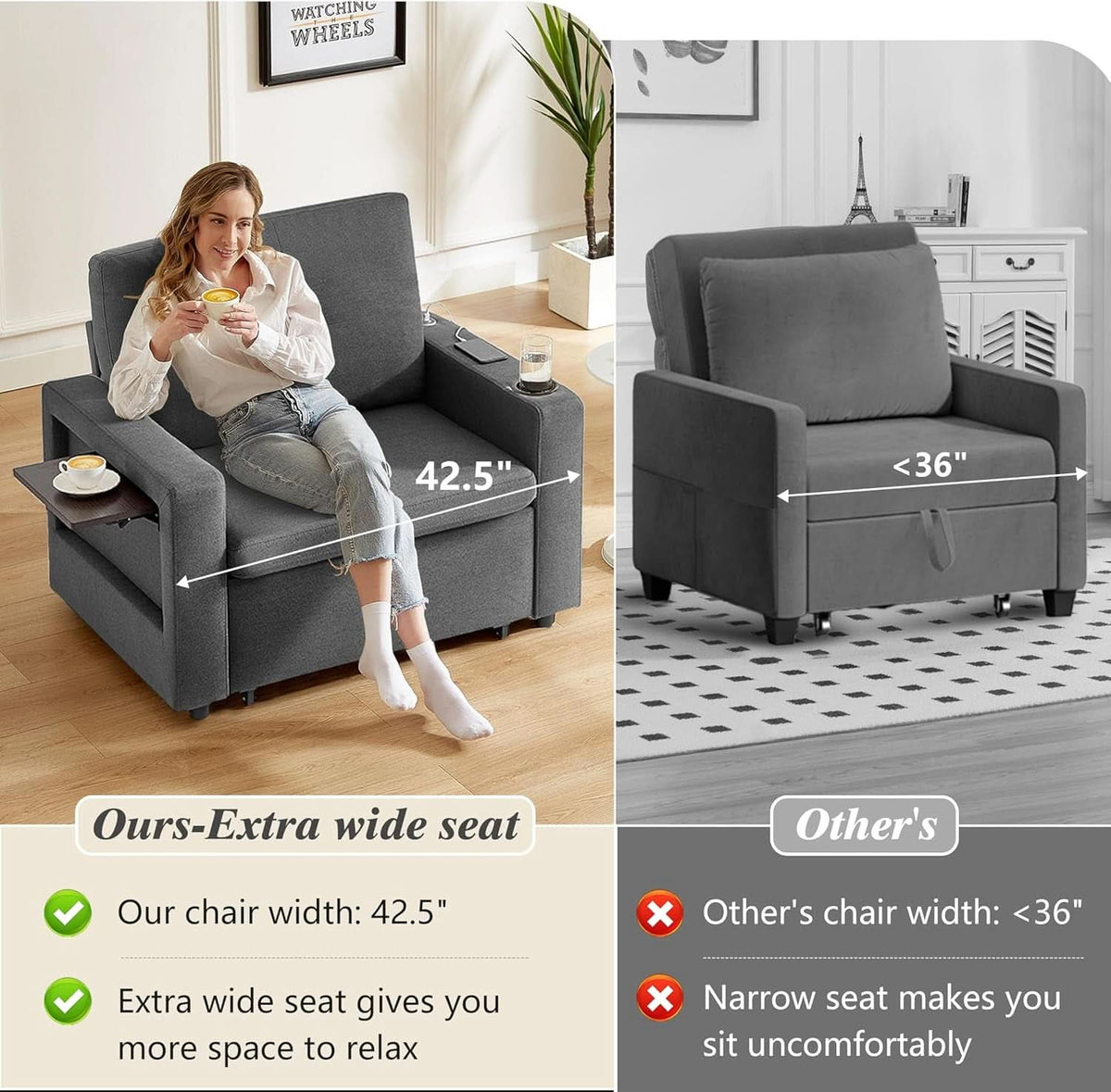 3 In 1 Sleeper Sofa Chair Bed With USB Ports