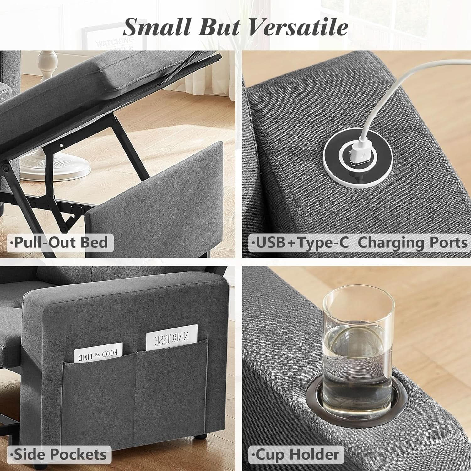 3 In 1 Sleeper Sofa Chair Bed With USB Ports